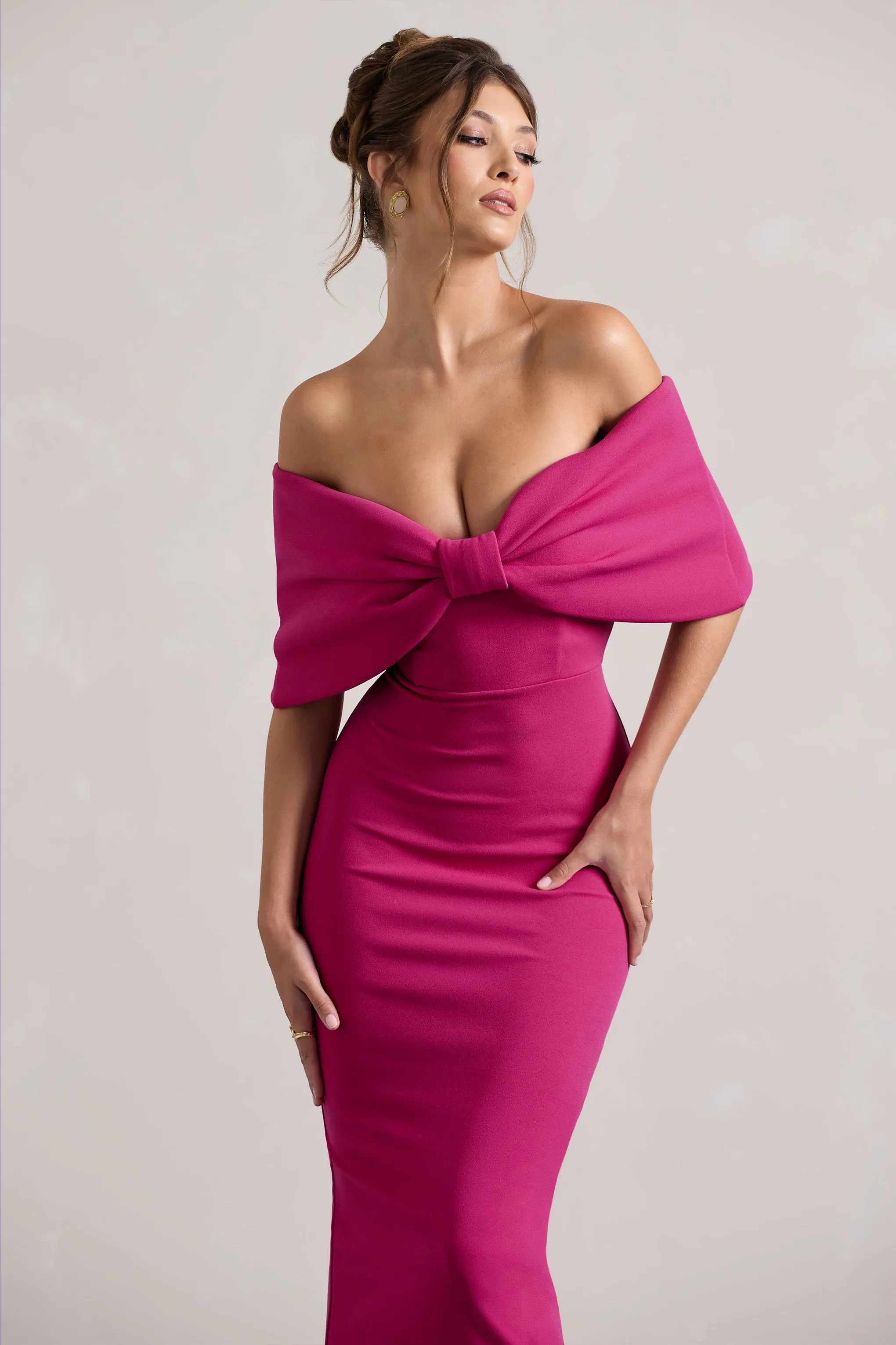 Cornelia | Hot Pink Strapless Maxi Dress With Oversized Bow Club L London