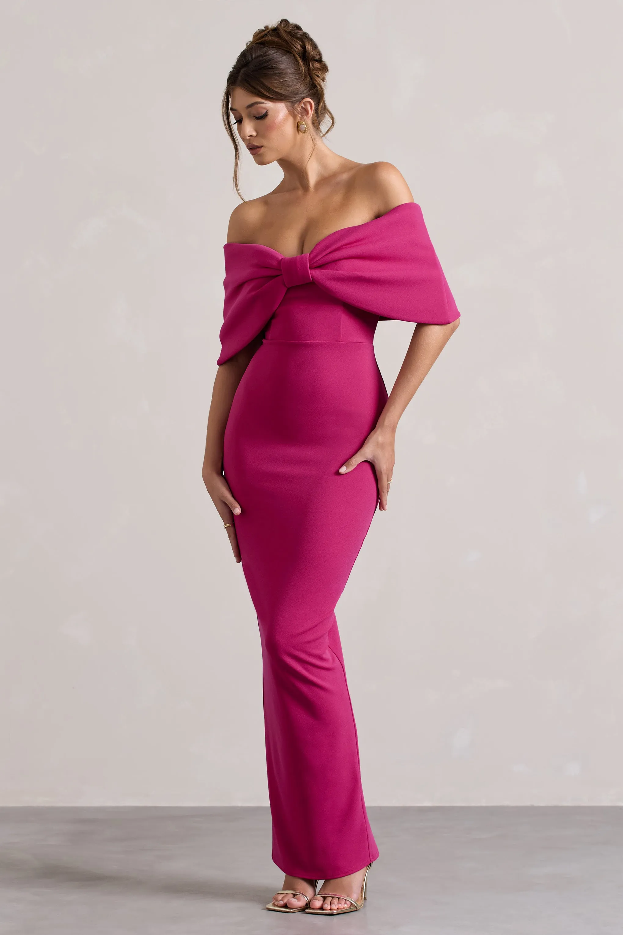 Cornelia | Hot Pink Strapless Maxi Dress With Oversized Bow Club L London