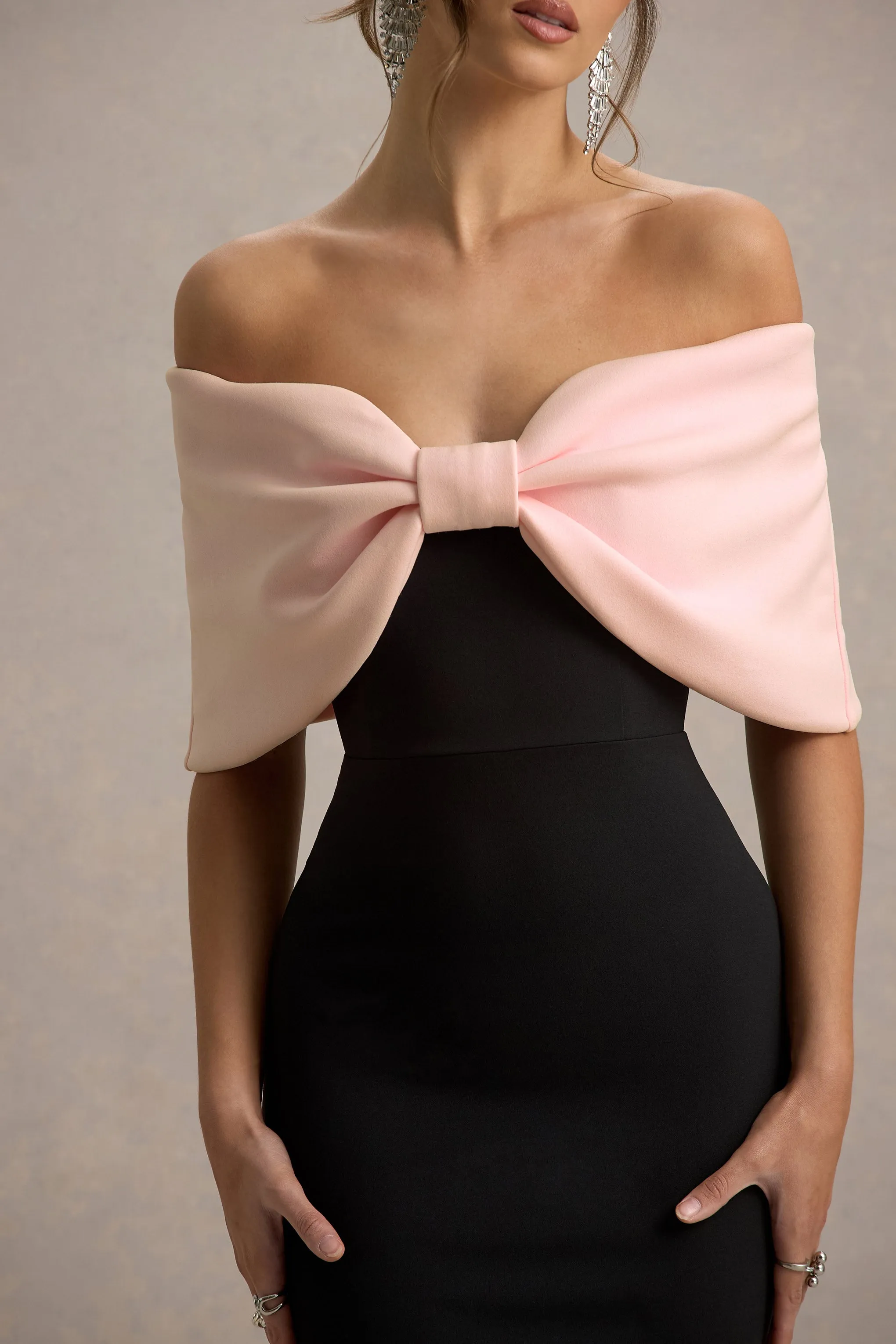 Cornelia | Pink & Black Strapless Maxi Dress With Oversized Bow Club L London