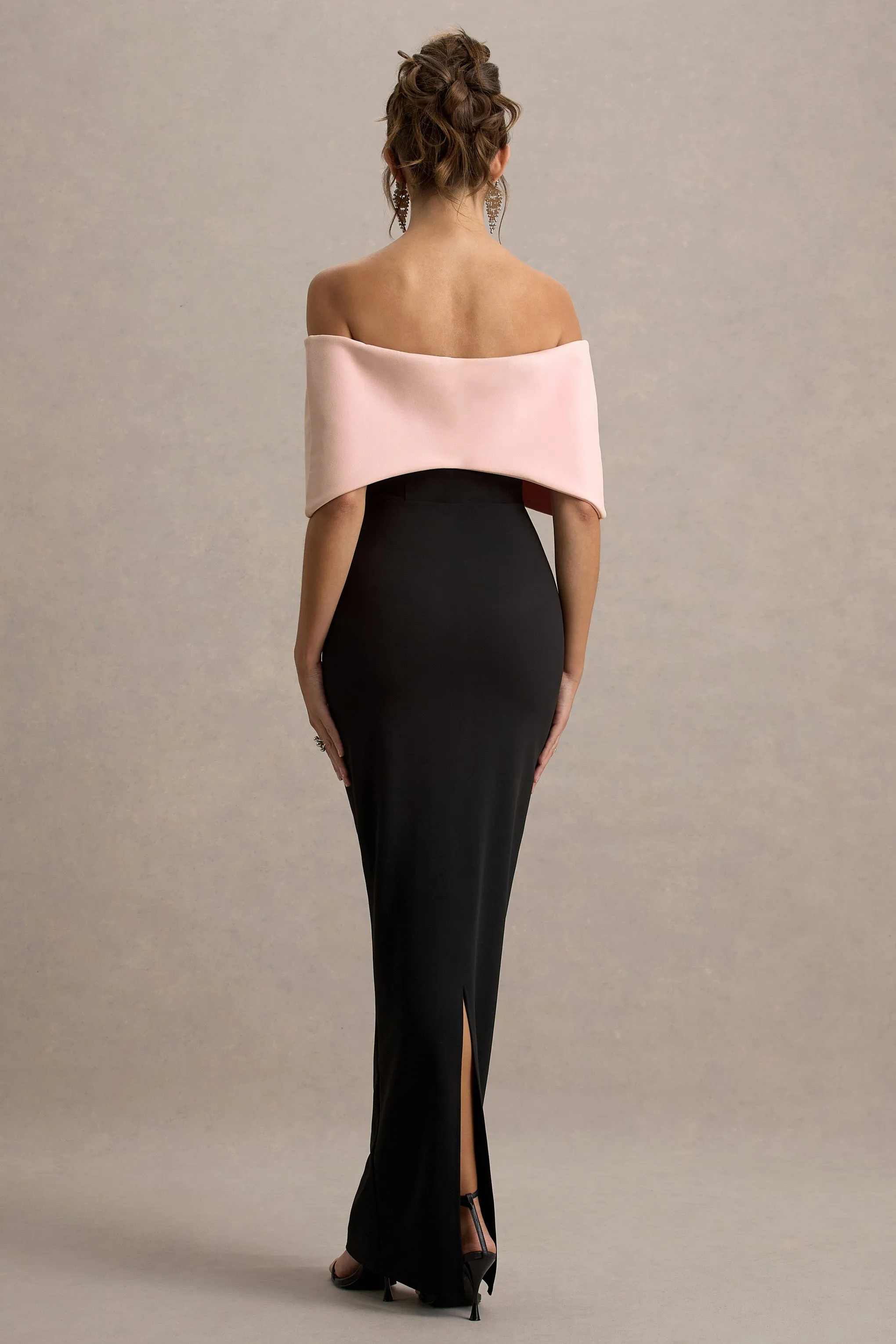 Cornelia | Pink & Black Strapless Maxi Dress With Oversized Bow Club L London