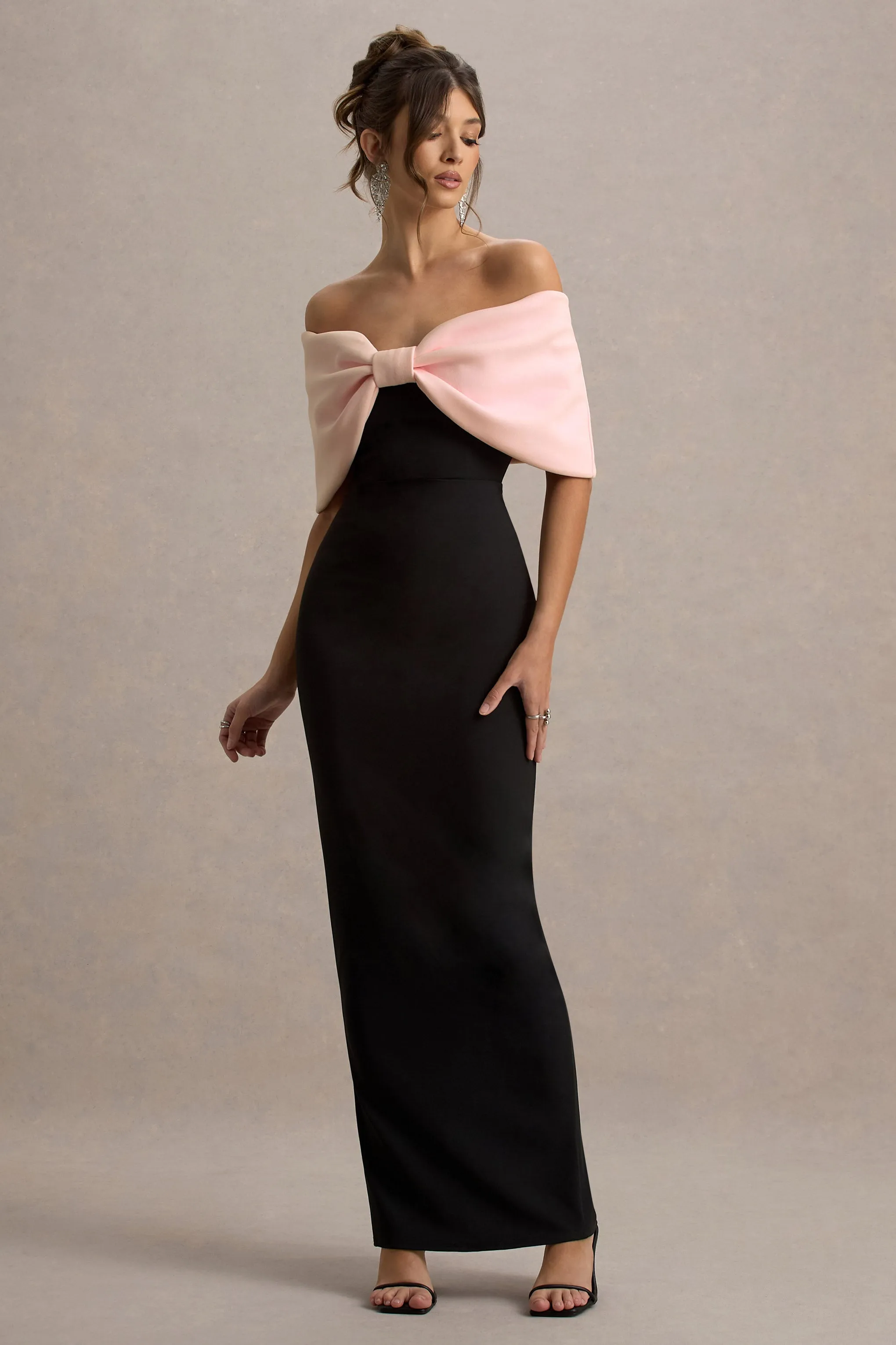 Cornelia | Pink & Black Strapless Maxi Dress With Oversized Bow Club L London