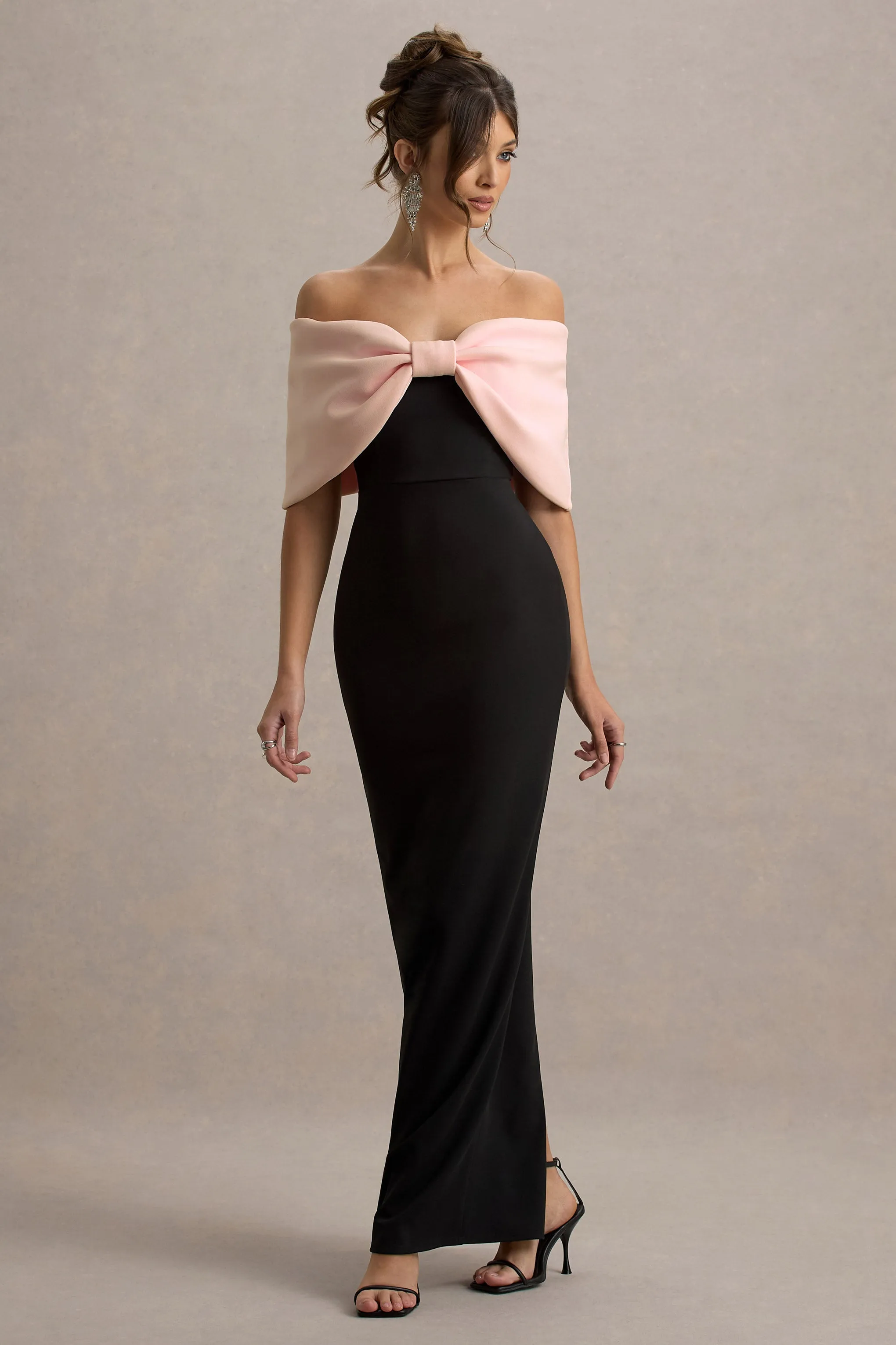 Cornelia | Pink & Black Strapless Maxi Dress With Oversized Bow Club L London