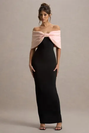 Cornelia | Pink & Black Strapless Maxi Dress With Oversized Bow Club L London