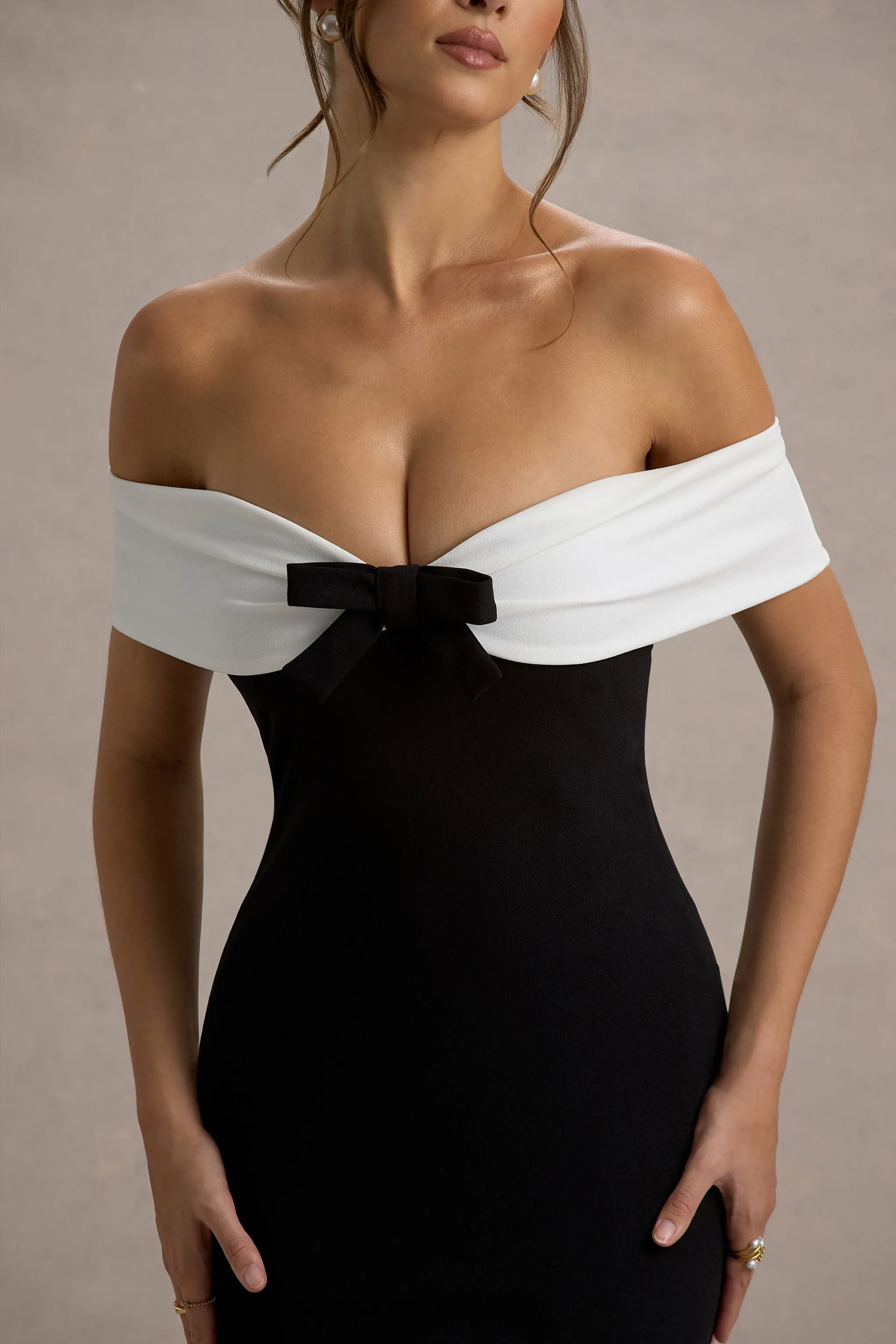 Corola | Black & White Bardot Volume-Hem Midi Dress Club L London