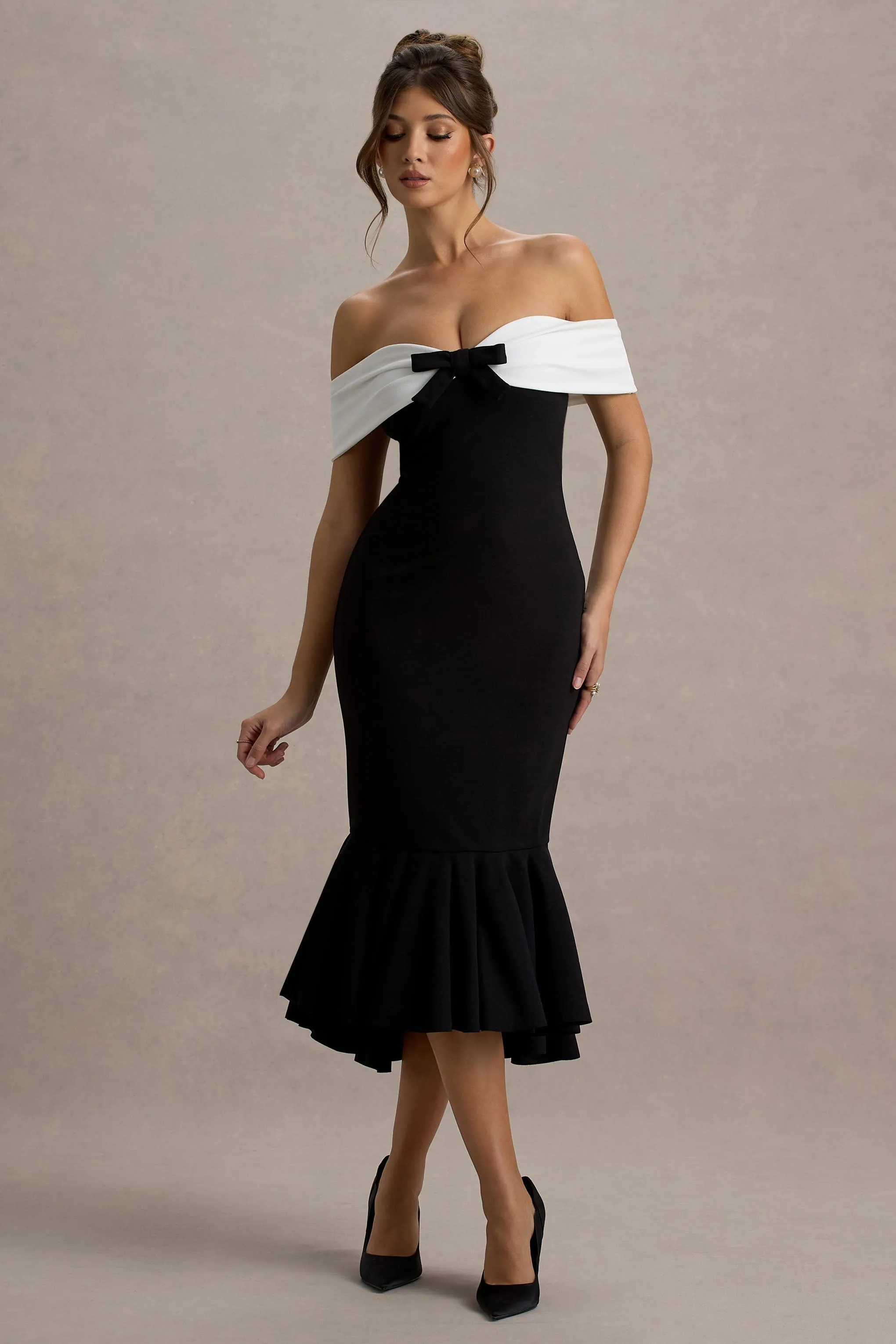 Corola | Black & White Bardot Volume-Hem Midi Dress Club L London