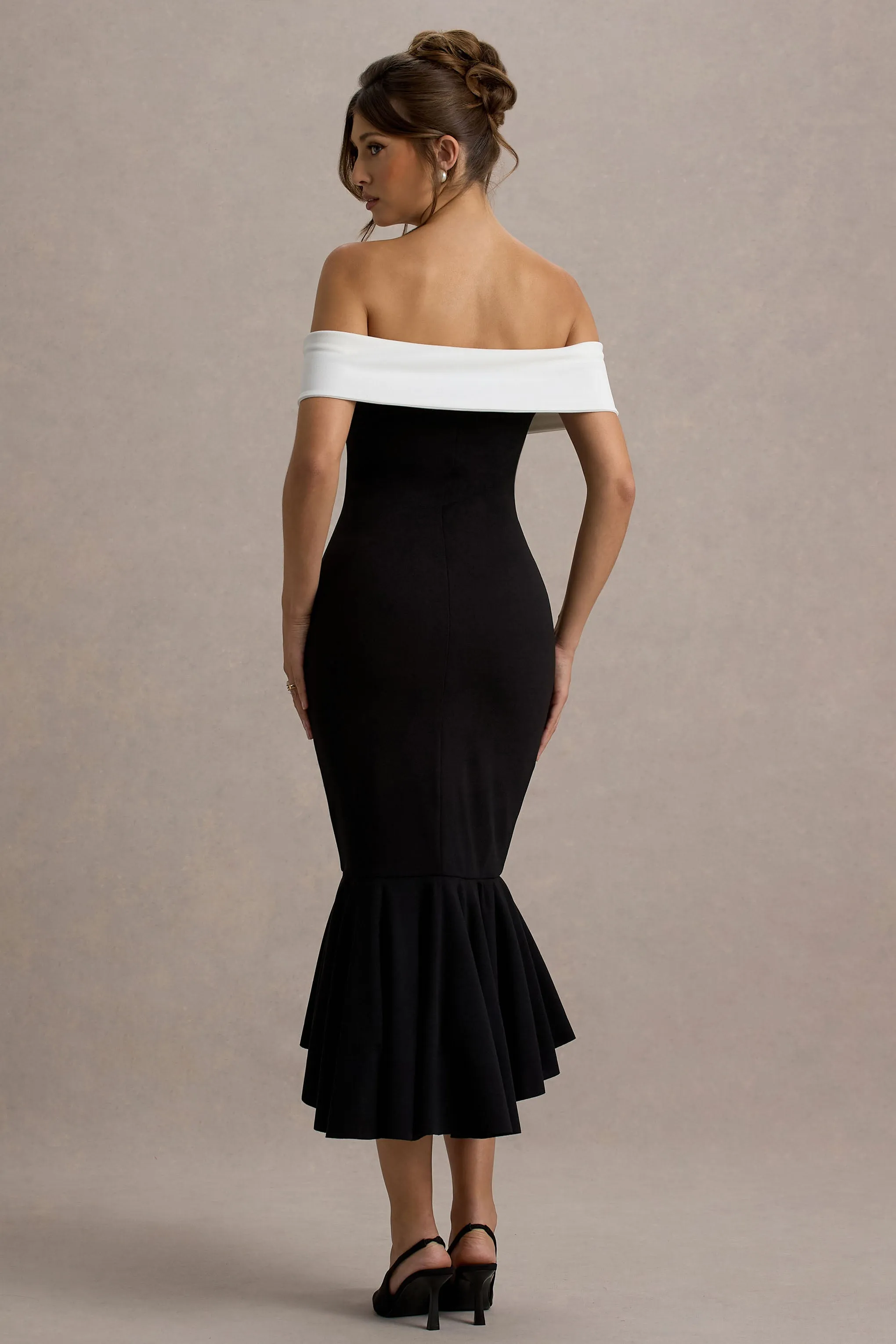 Corola | Black & White Bardot Volume-Hem Midi Dress Club L London