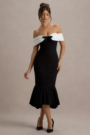 Corola | Black & White Bardot Volume-Hem Midi Dress Club L London