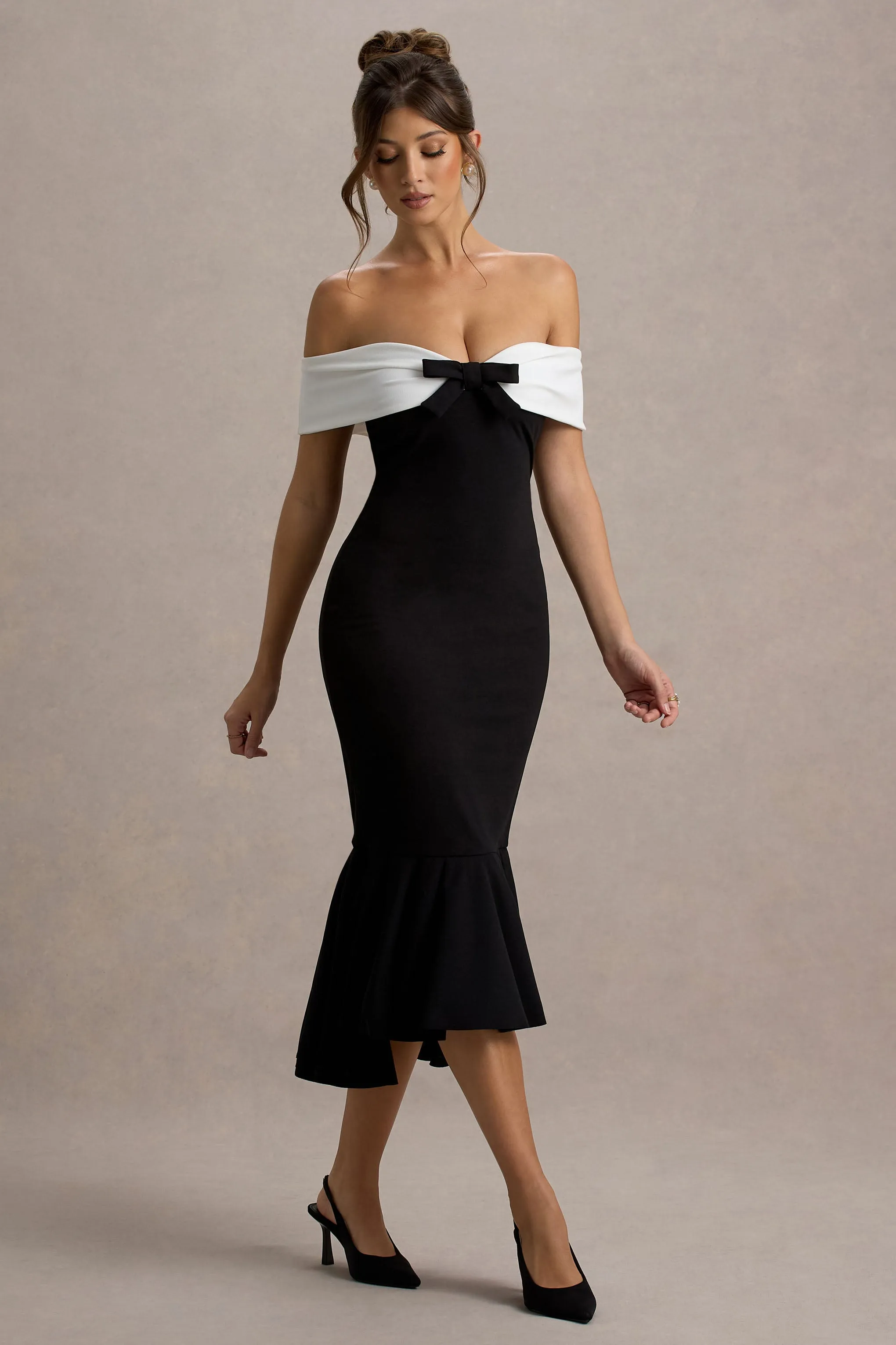 Corola | Black & White Bardot Volume-Hem Midi Dress Club L London