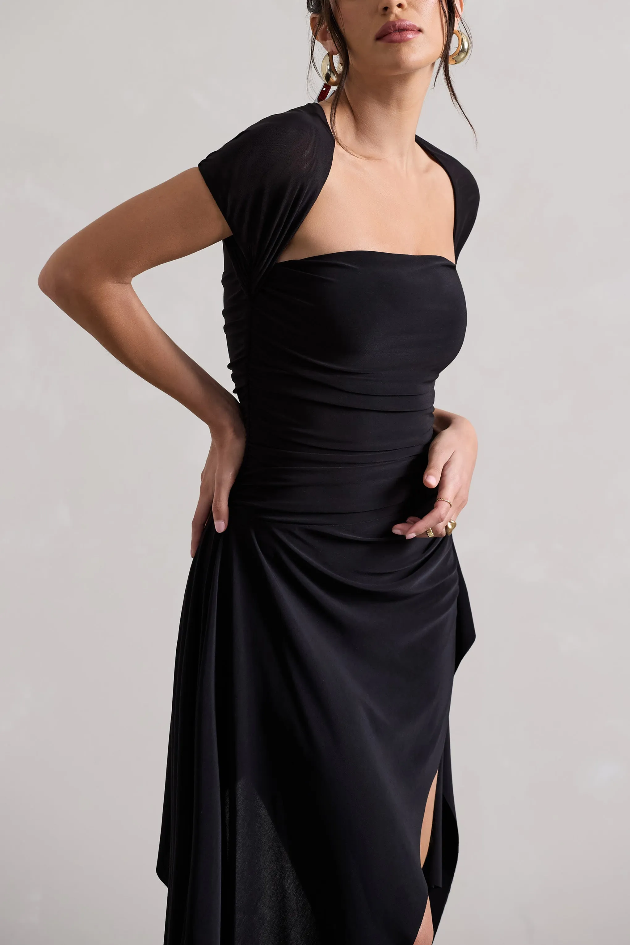 Corsica | Black Gathered Mesh Long-Sleeve Draped Mini Dress Club L London