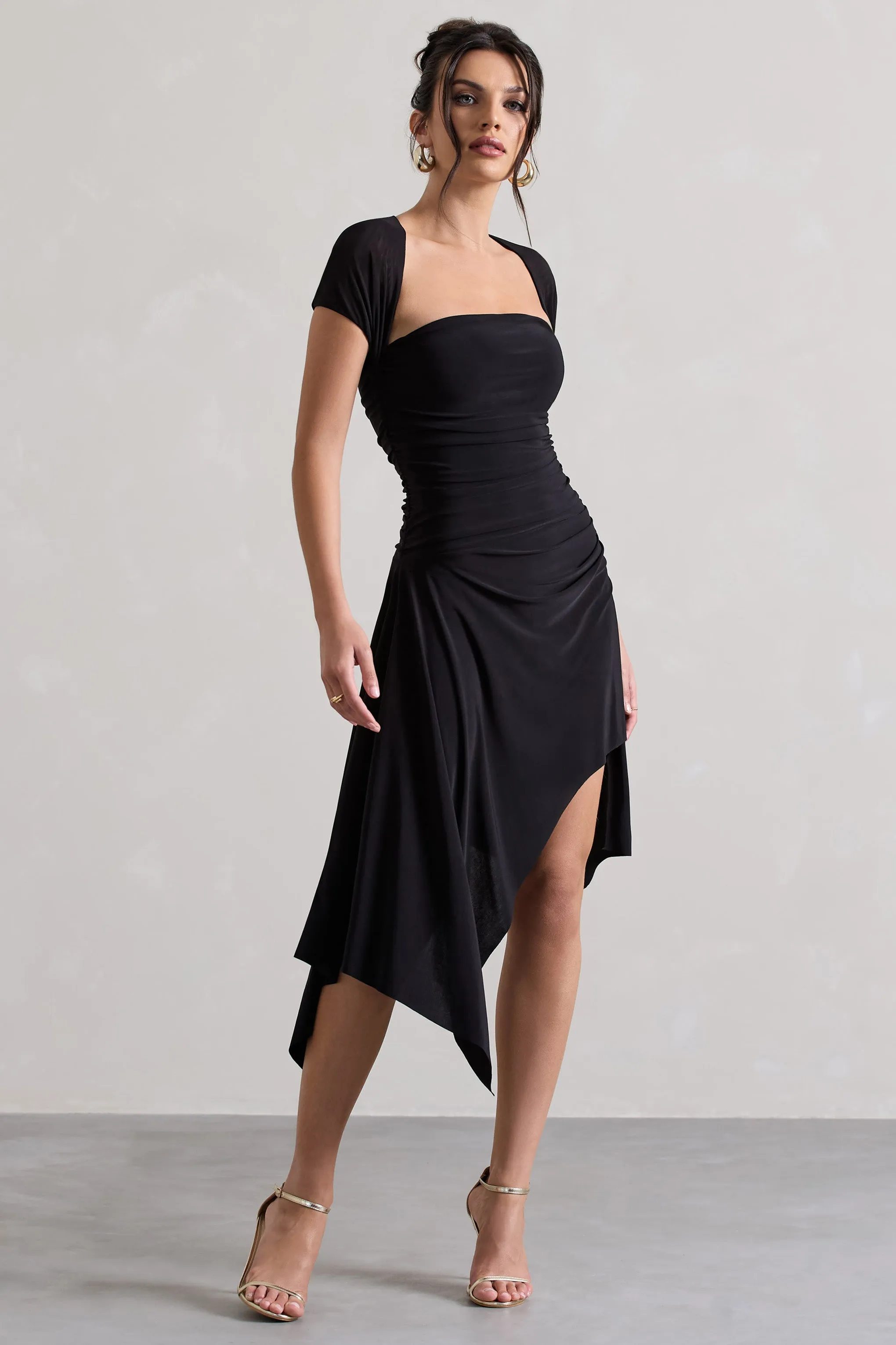 Corsica | Black Gathered Mesh Long-Sleeve Draped Mini Dress Club L London
