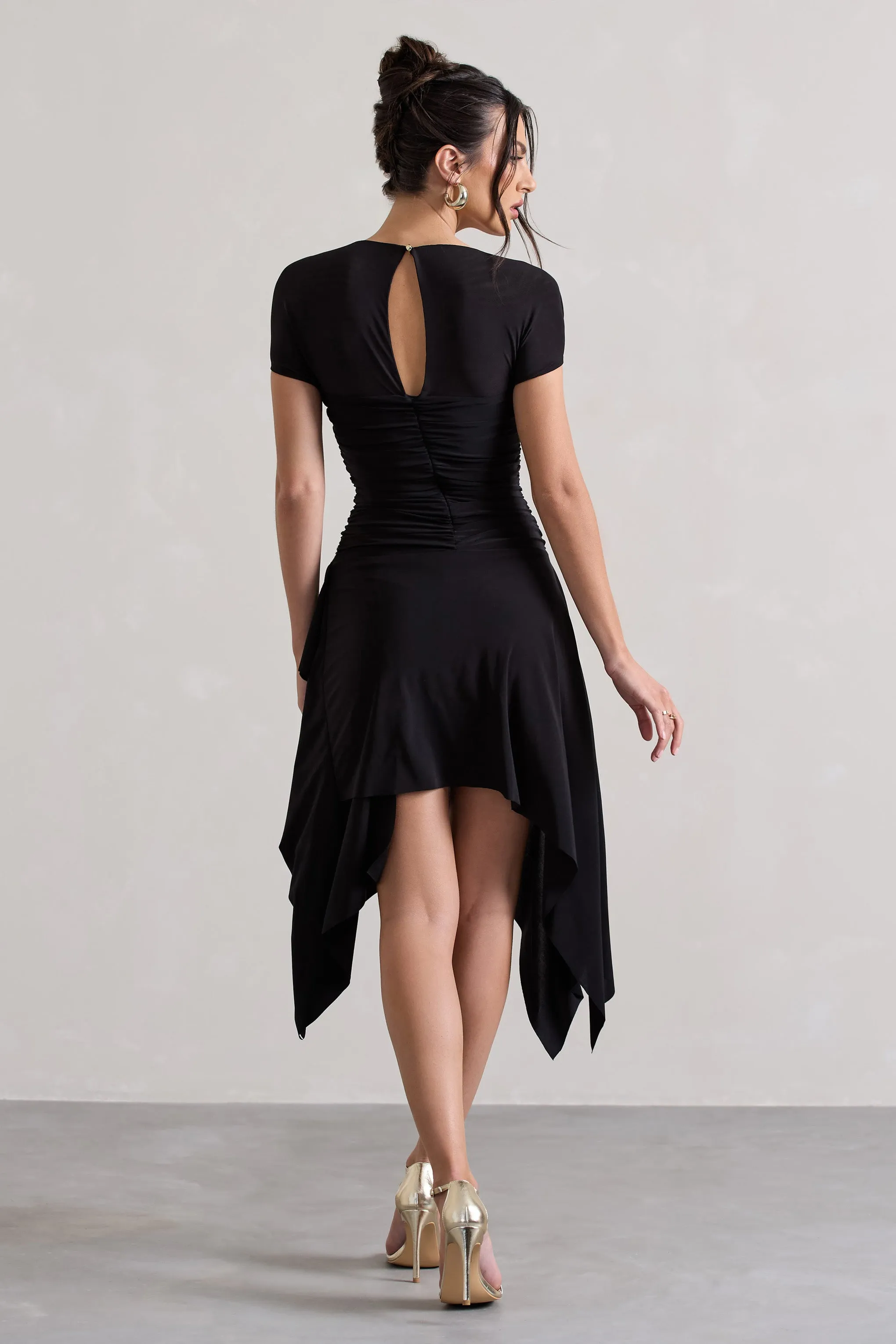 Corsica | Black Gathered Mesh Long-Sleeve Draped Mini Dress Club L London