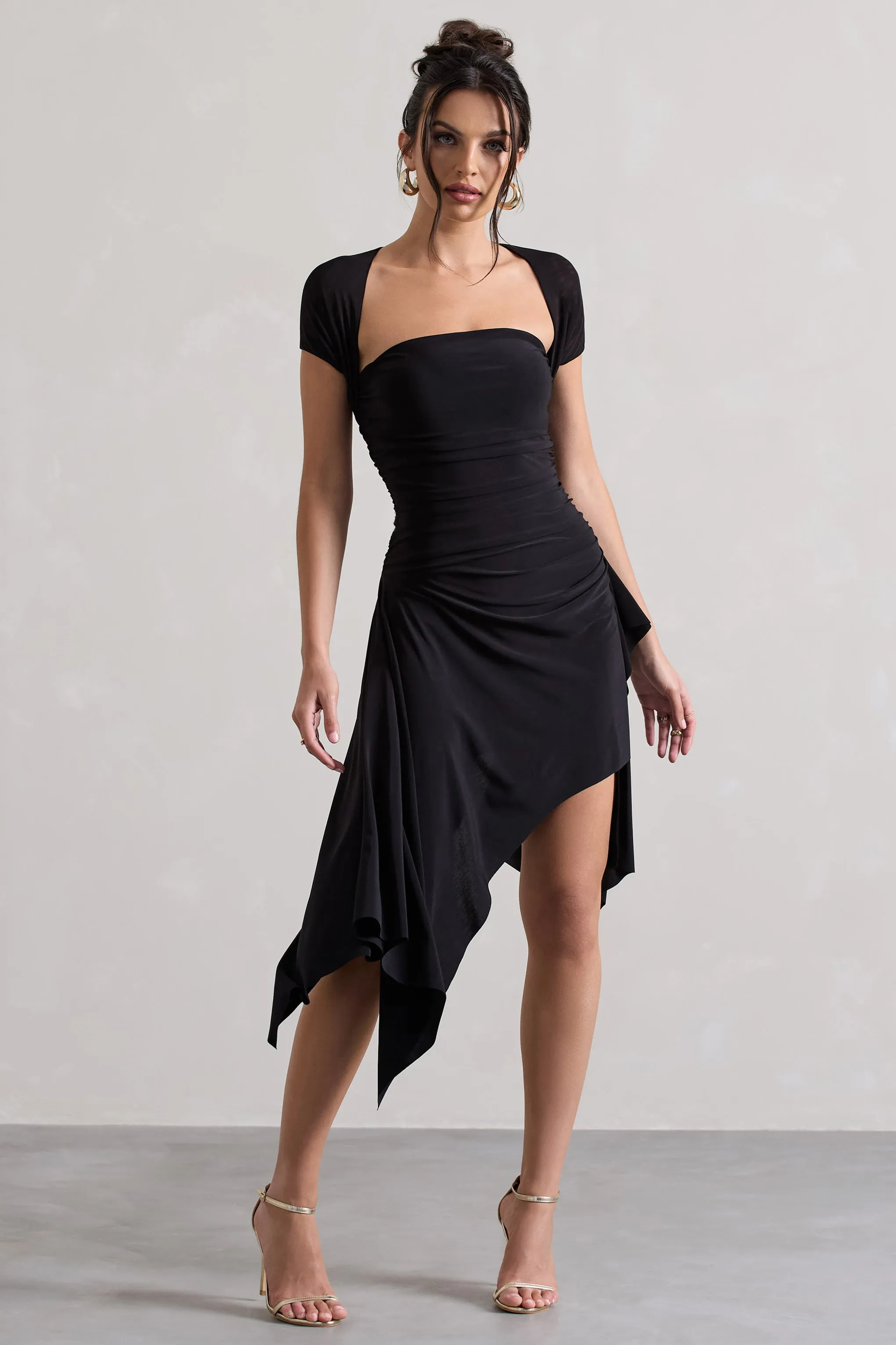 Corsica | Black Gathered Mesh Long-Sleeve Draped Mini Dress Club L London