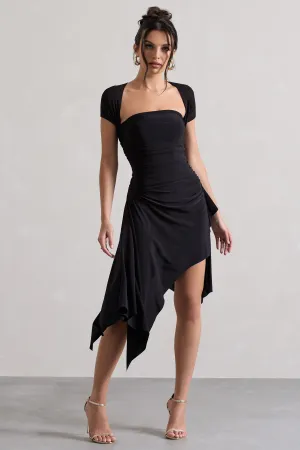 Corsica | Black Gathered Mesh Long-Sleeve Draped Mini Dress Club L London