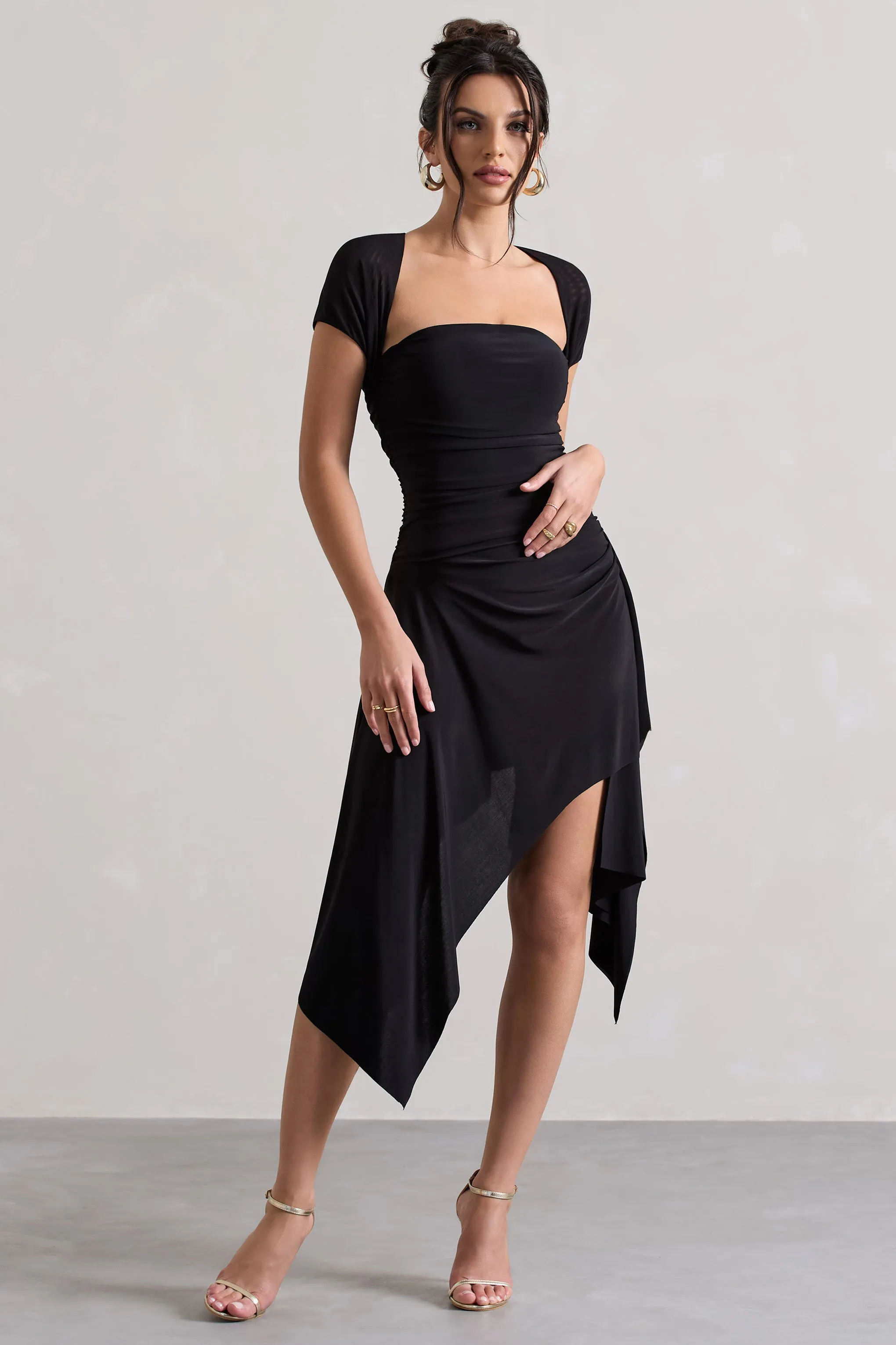 Corsica | Black Gathered Mesh Long-Sleeve Draped Mini Dress Club L London