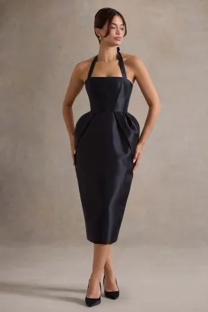 Cosetta | Black Halter-Neck Midi Dress With Tulip Skirt Club L London
