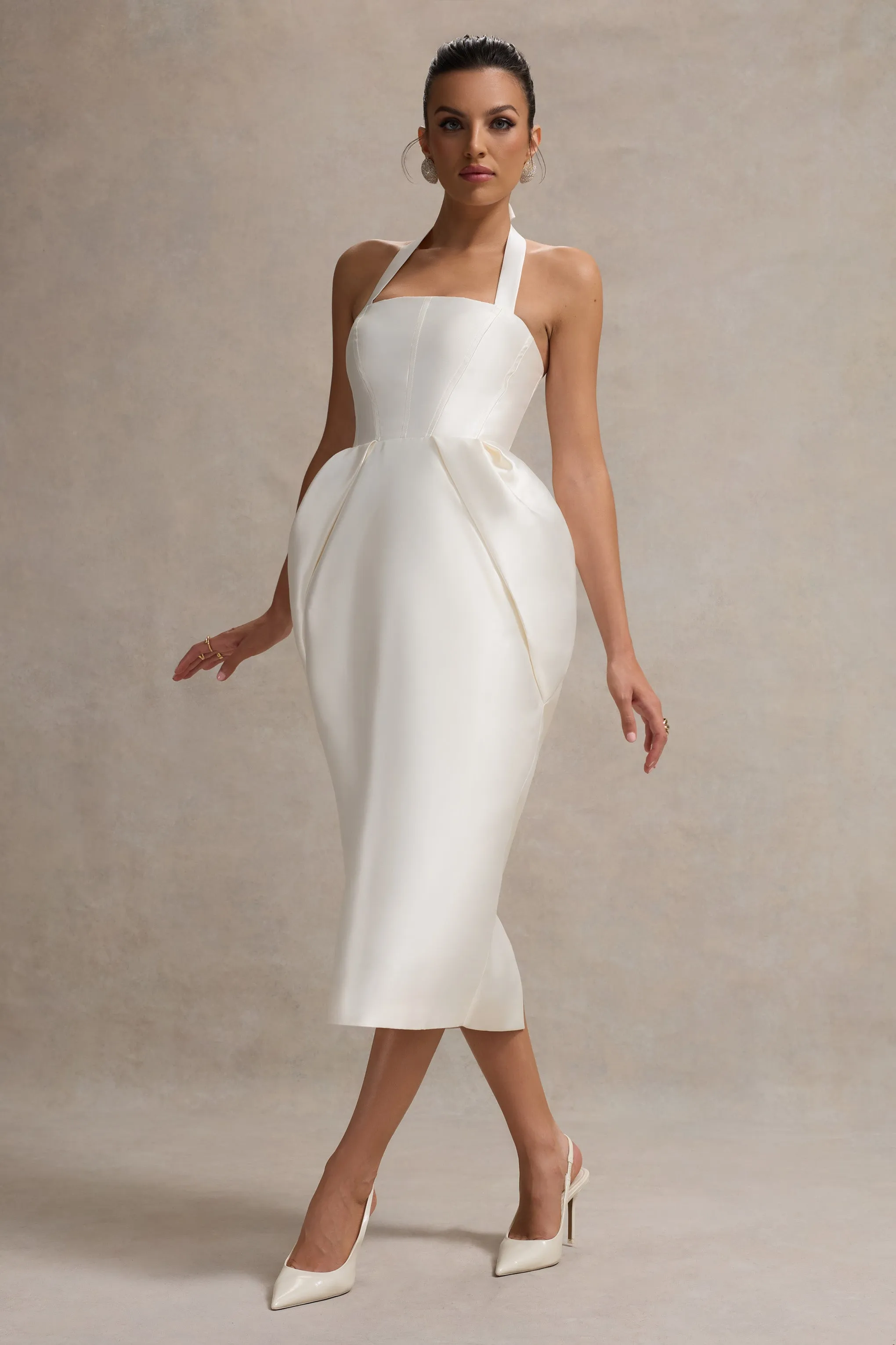 Cosetta | White Halter-Neck Midi Dress With Tulip Skirt Club L London