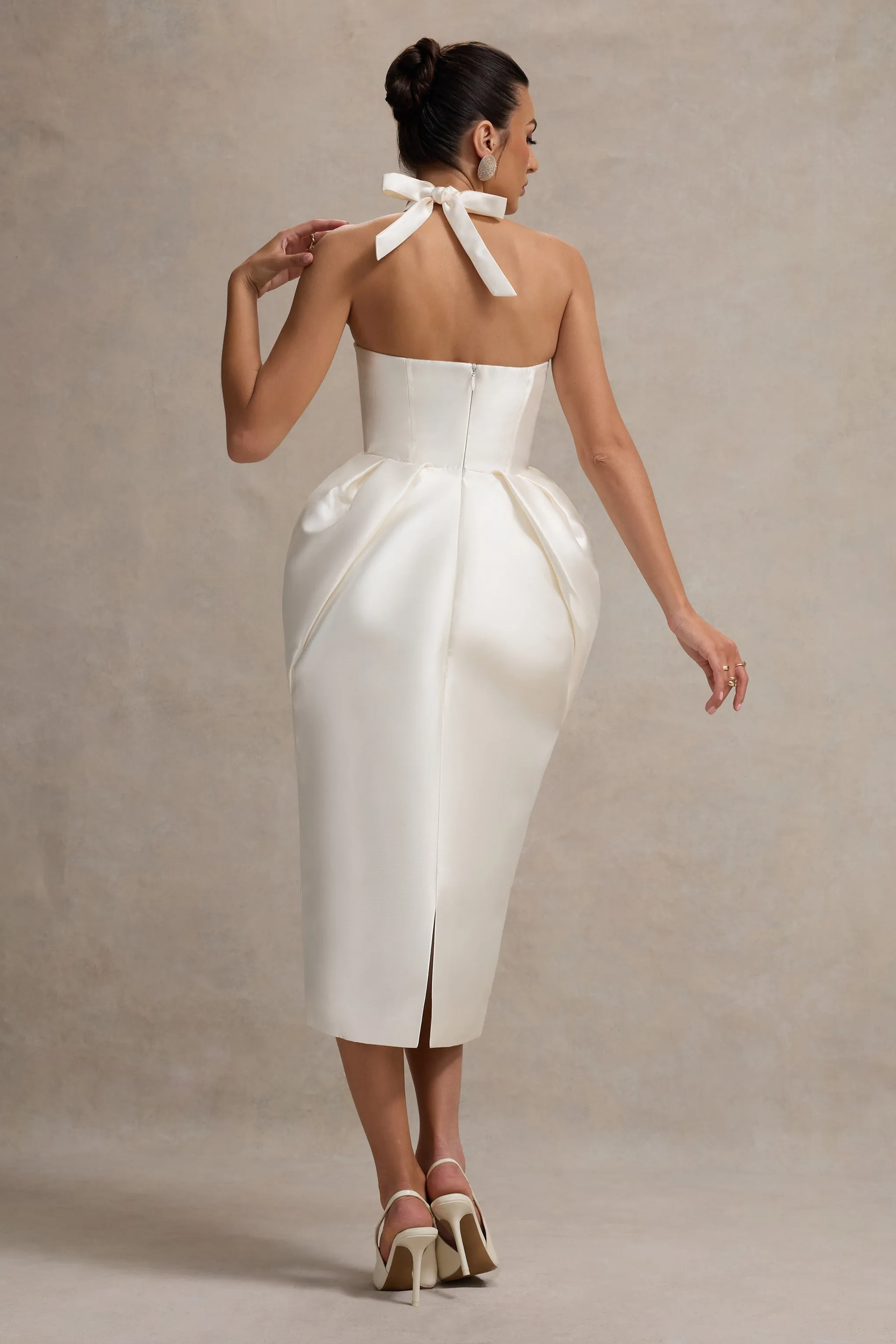 Cosetta | White Halter-Neck Midi Dress With Tulip Skirt Club L London