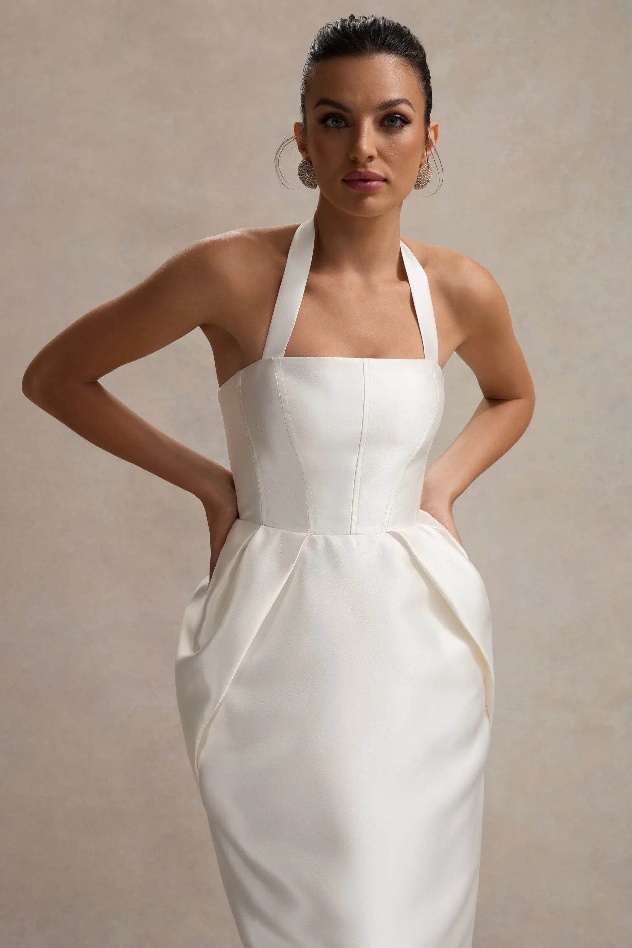Cosetta | White Halter-Neck Midi Dress With Tulip Skirt Club L London