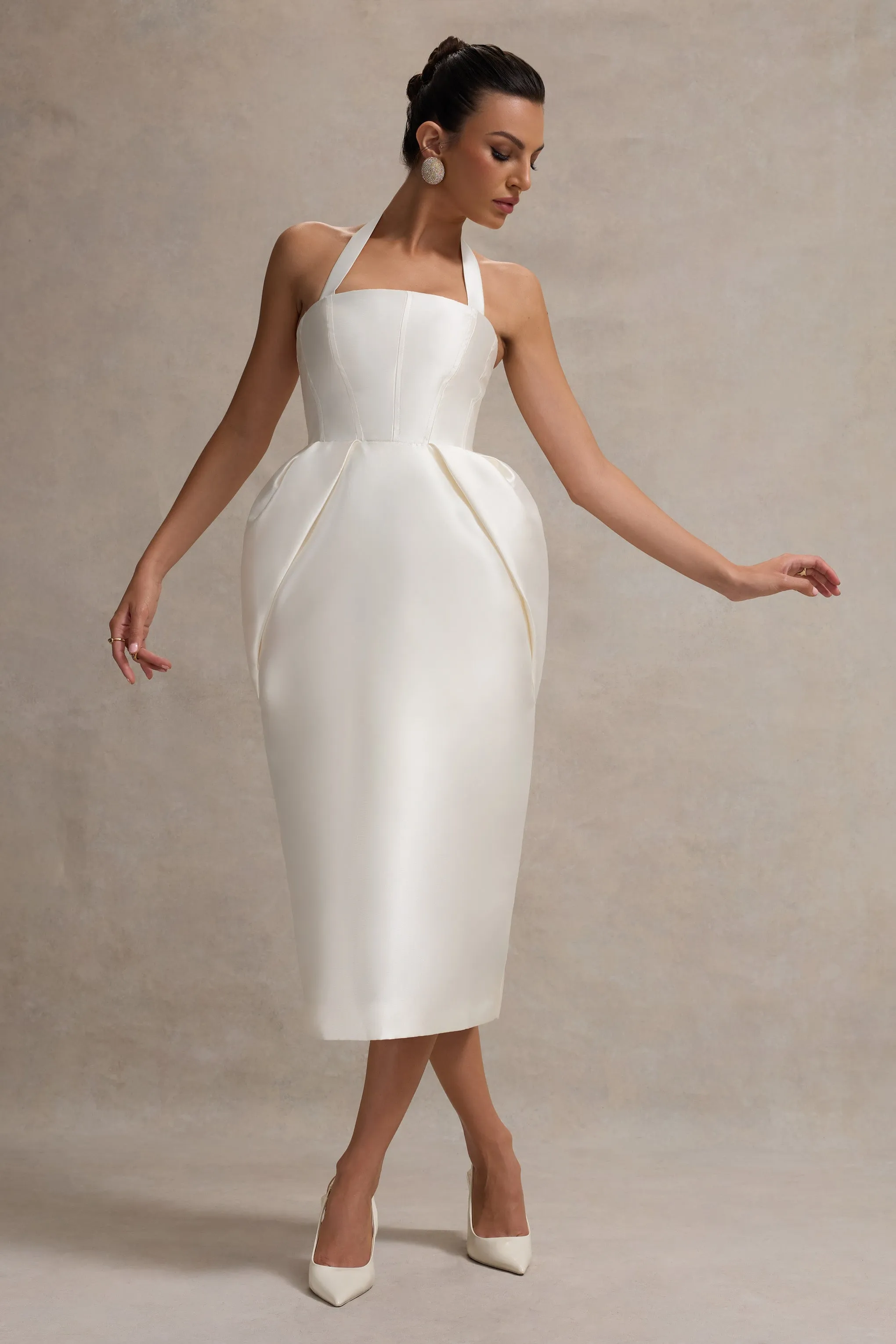 Cosetta | White Halter-Neck Midi Dress With Tulip Skirt Club L London