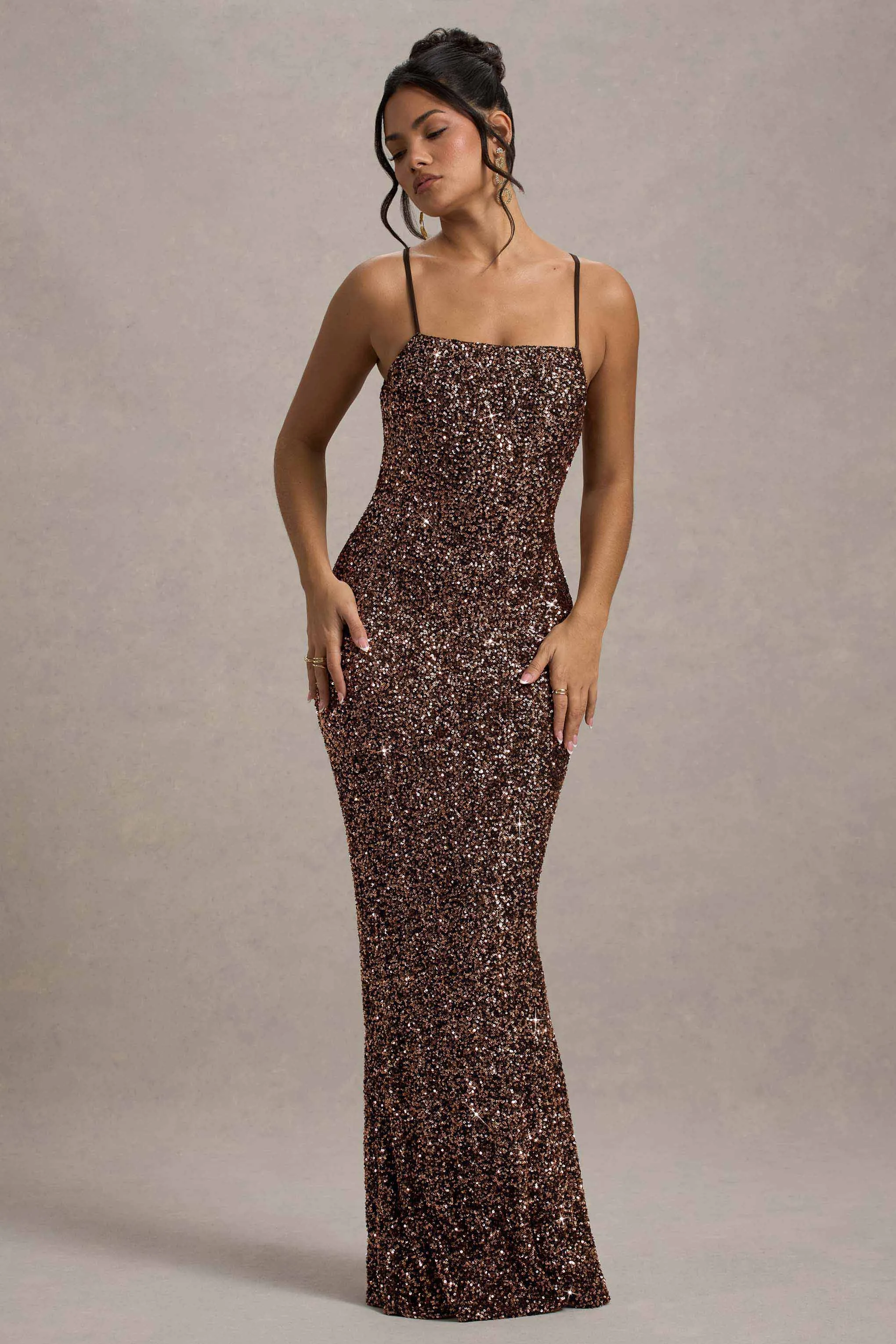 Cosmic | Bronze Sequin Square-Neck Strappy Maxi Dress Club L London