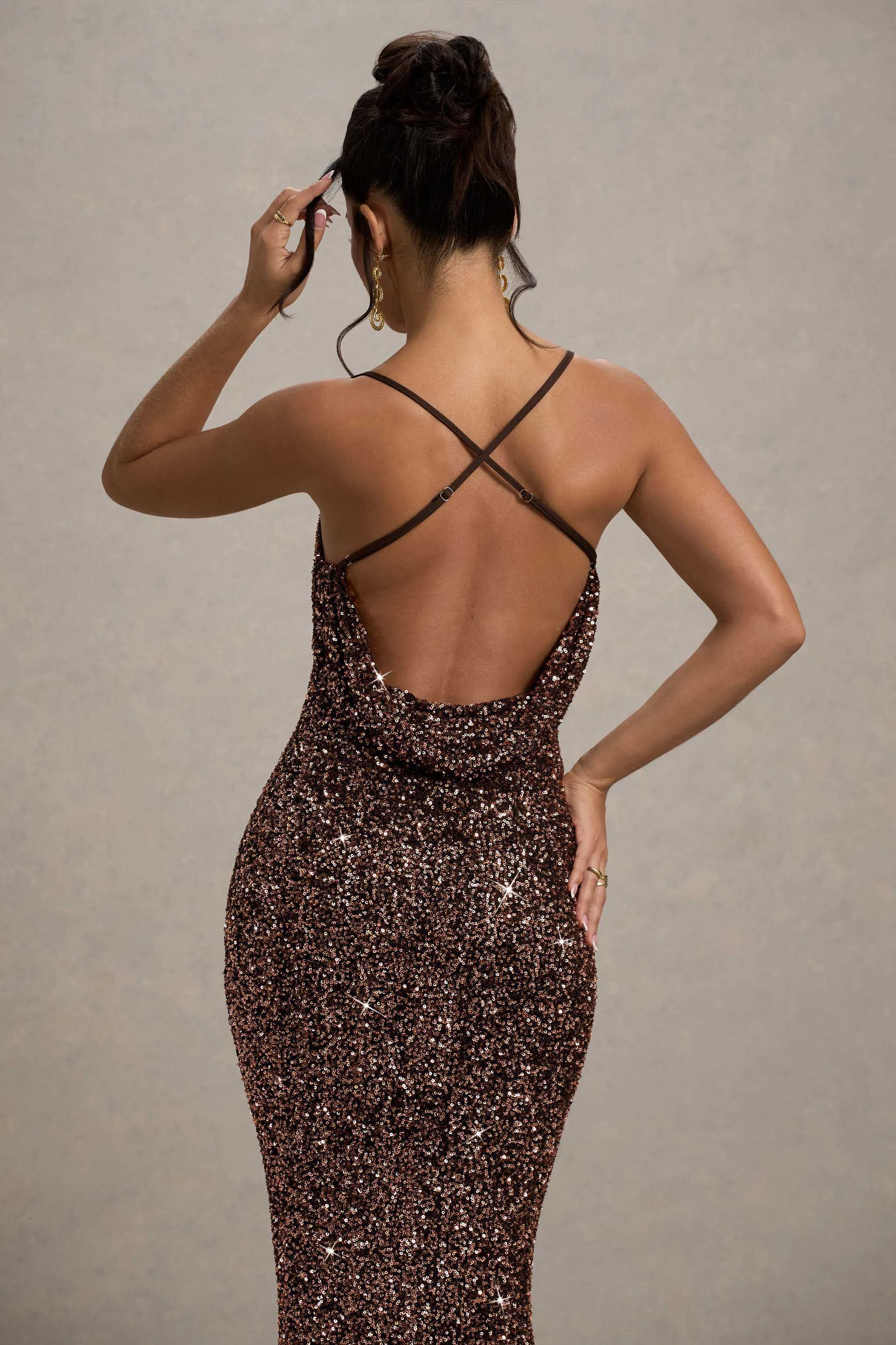 Cosmic | Bronze Sequin Square-Neck Strappy Maxi Dress Club L London