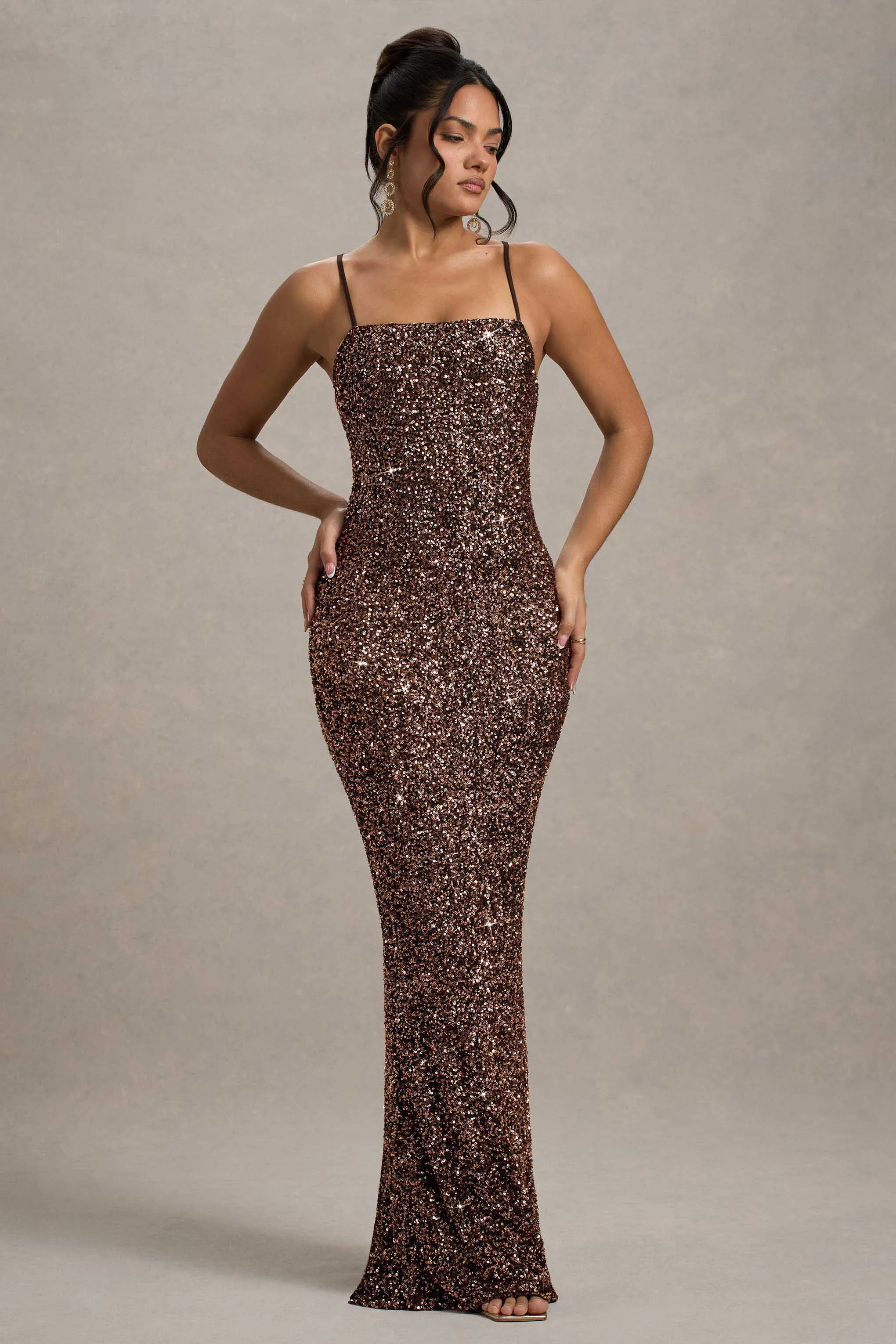Cosmic | Bronze Sequin Square-Neck Strappy Maxi Dress Club L London