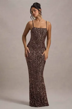 Cosmic | Bronze Sequin Square-Neck Strappy Maxi Dress Club L London
