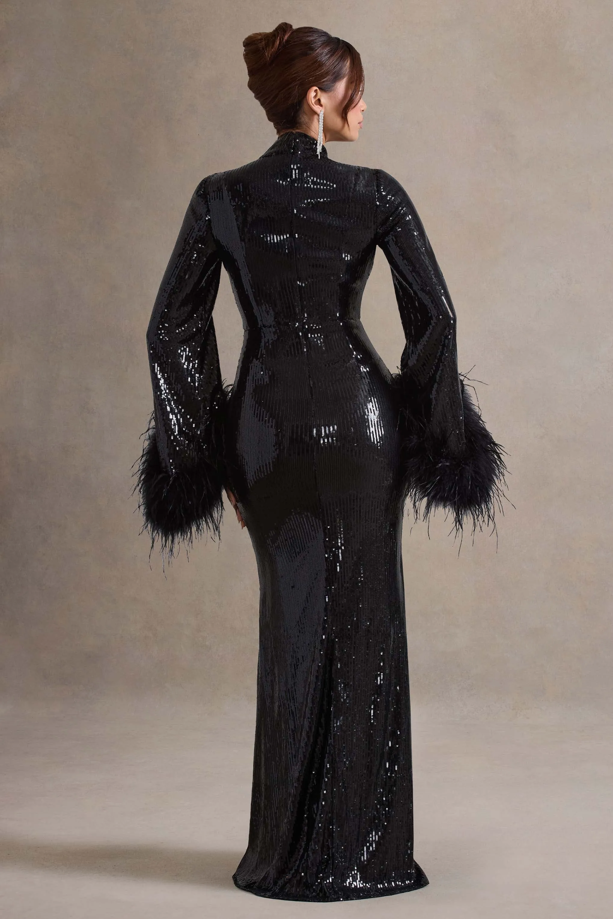 Cosmic Star | Black Sequin High-Neck Maxi Dress With Feather Cuffs Club L London