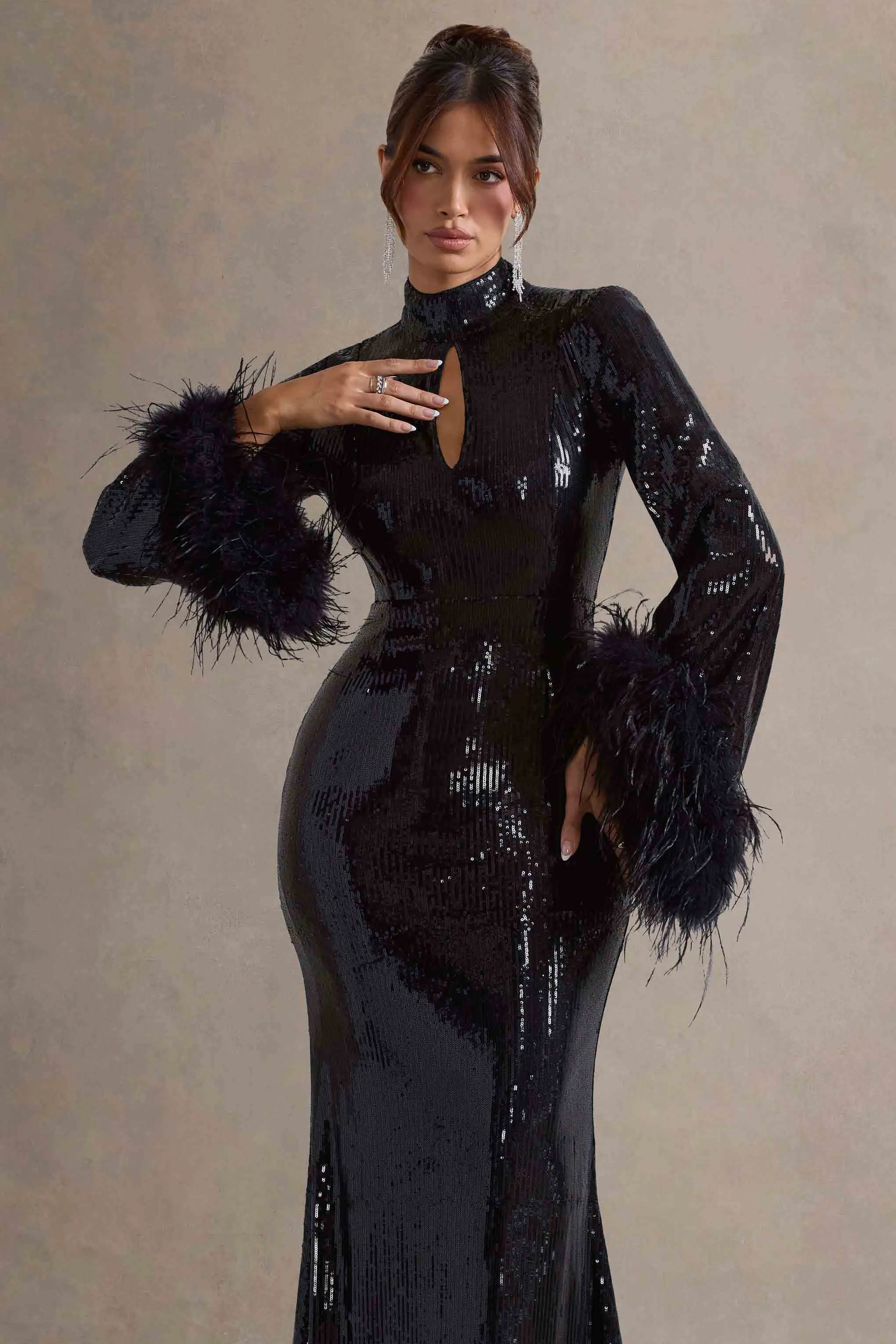 Cosmic Star | Black Sequin High-Neck Maxi Dress With Feather Cuffs Club L London