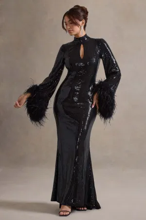 Cosmic Star | Black Sequin High-Neck Maxi Dress With Feather Cuffs Club L London