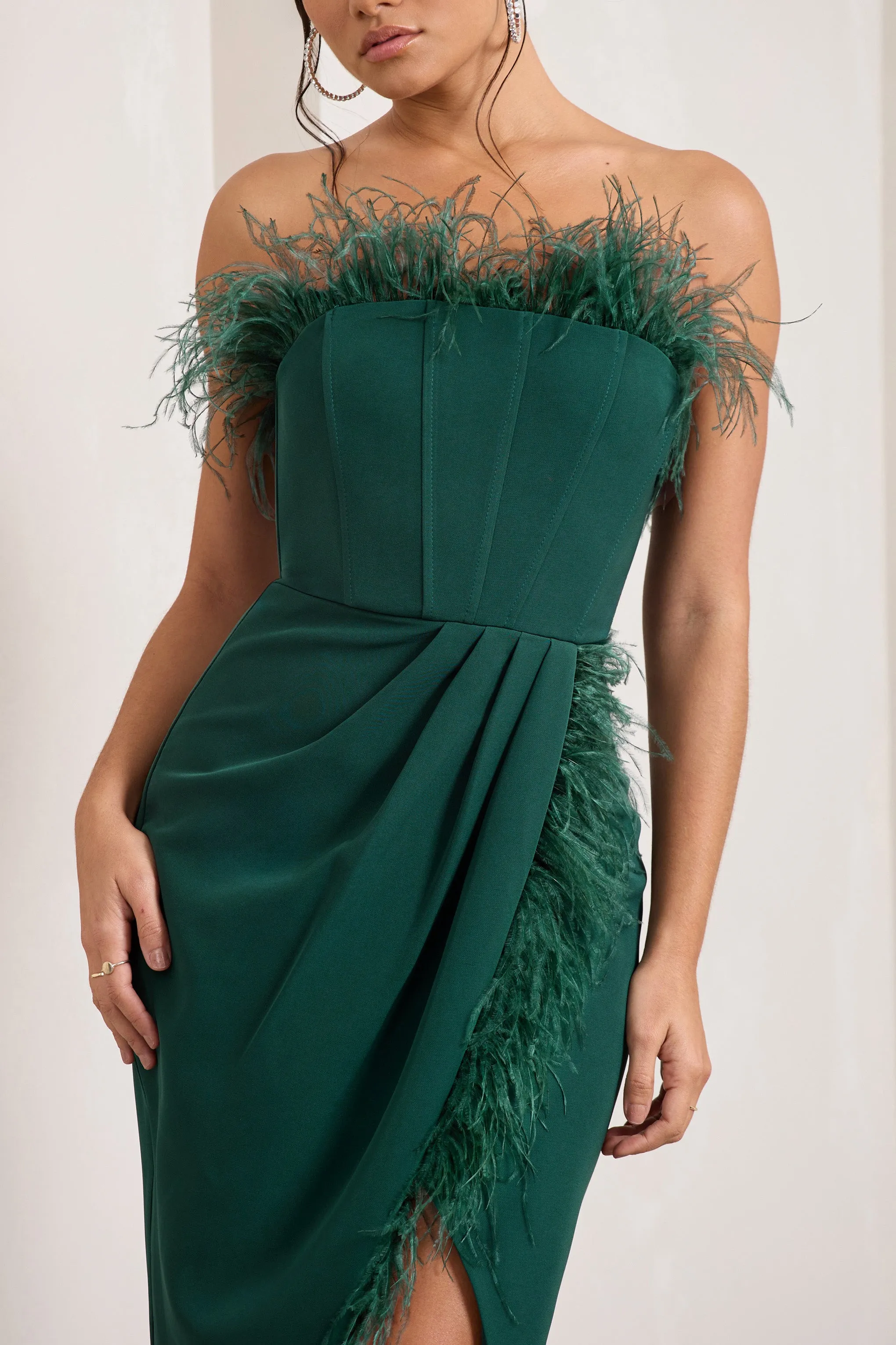 Cosmo | Bottle Green Bandeau Feather Corset Split Maxi Dress Club L London