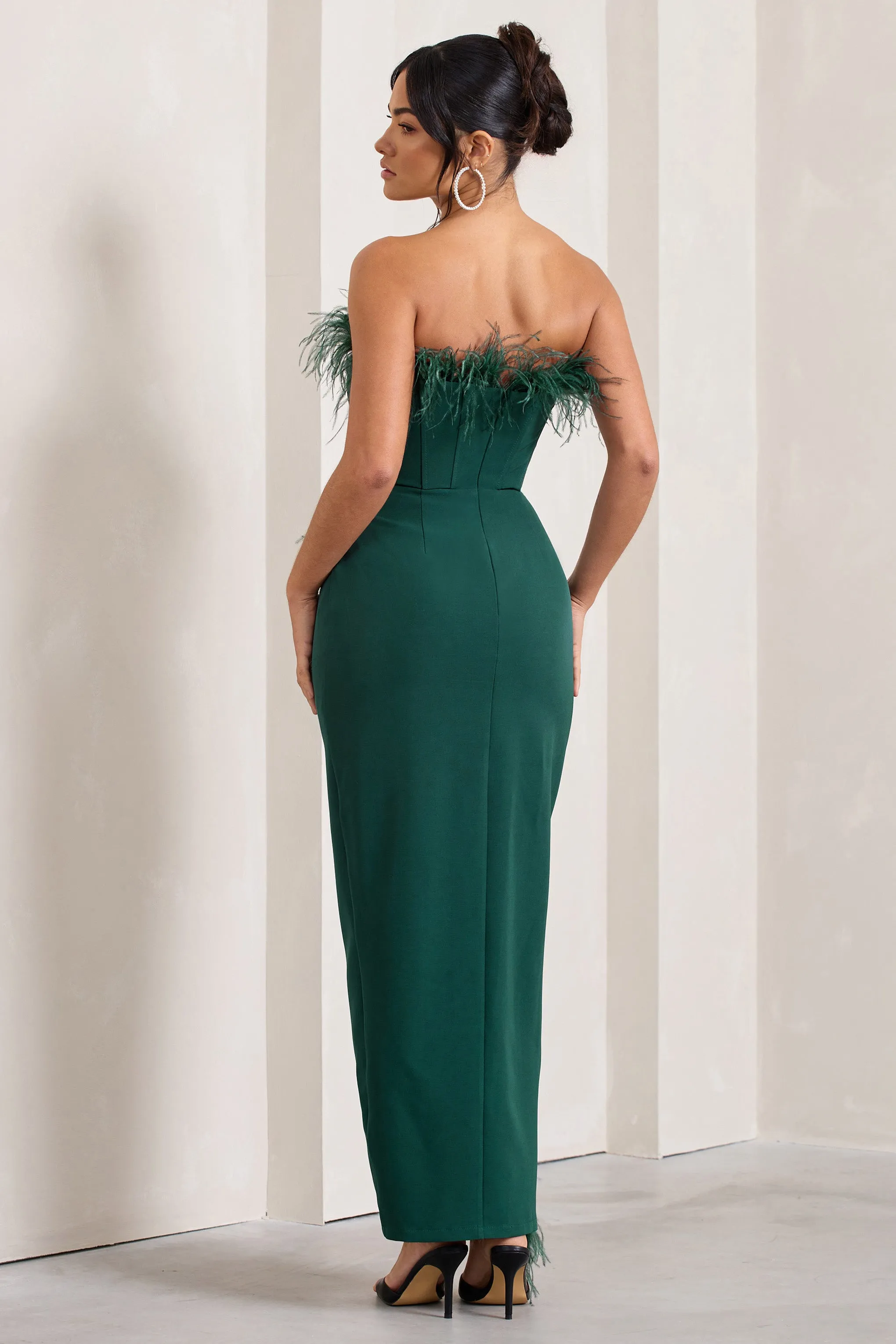 Cosmo | Bottle Green Bandeau Feather Corset Split Maxi Dress Club L London