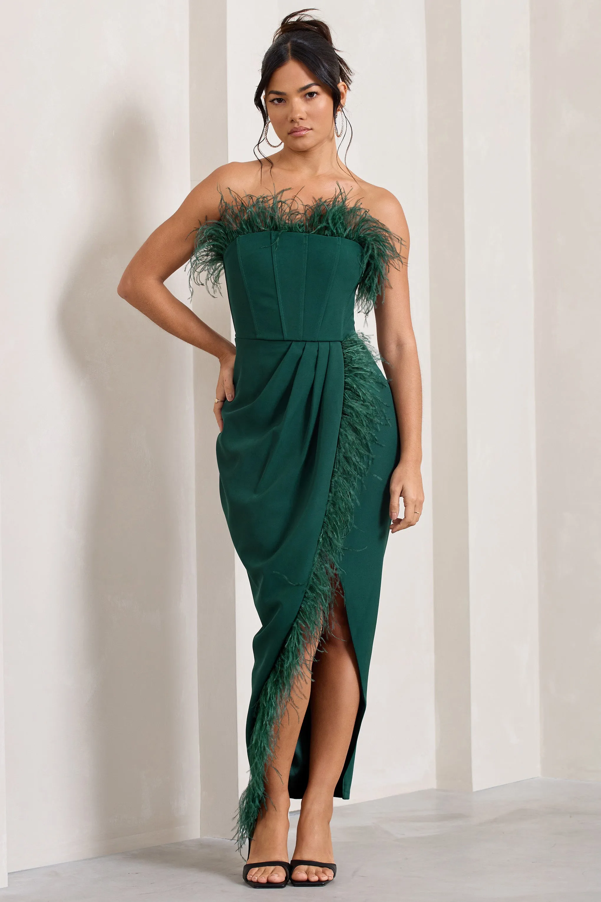 Cosmo | Bottle Green Bandeau Feather Corset Split Maxi Dress Club L London