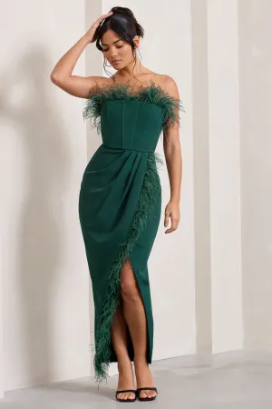Cosmo | Bottle Green Bandeau Feather Corset Split Maxi Dress Club L London