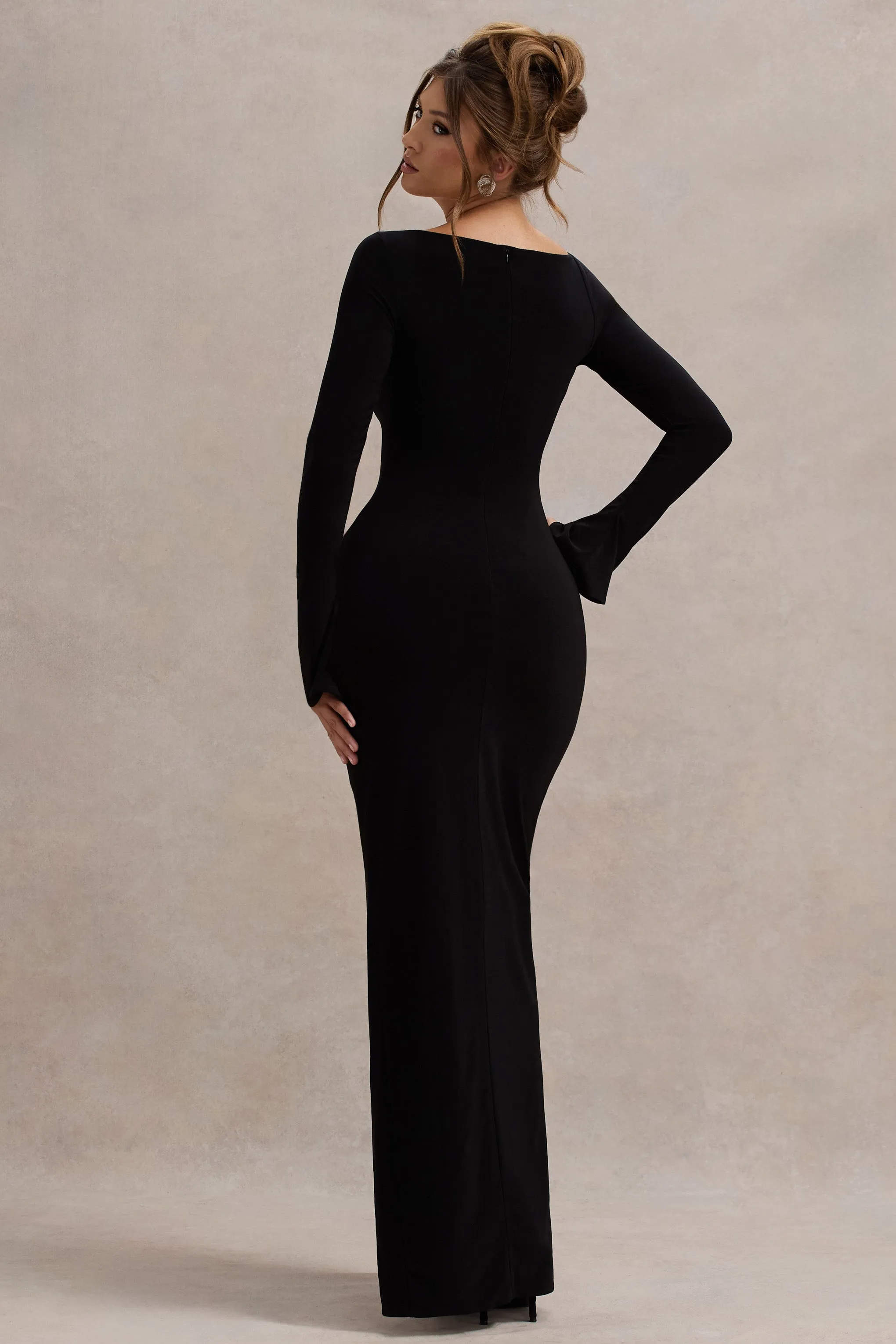 Cosmos | Black Asymmetric Long-Sleeve Split Maxi Dress Club L London