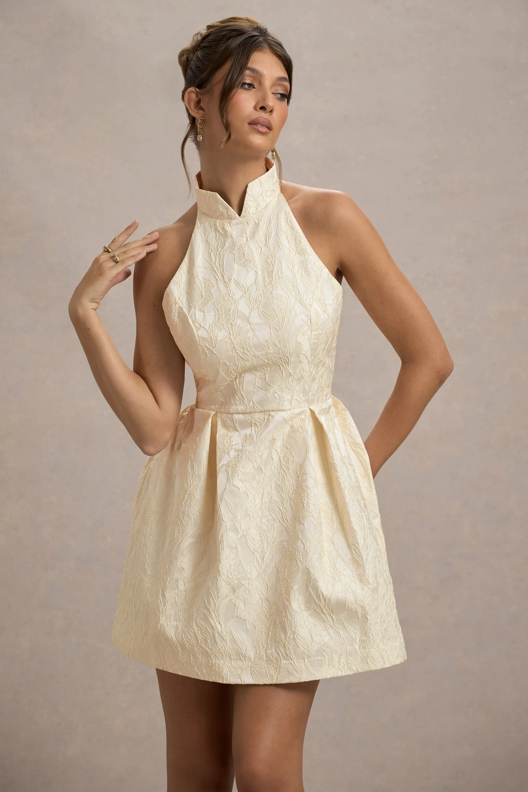 Costa | Ecru Jacquard High-Neck Mini Dress With Pleated Skirt Club L London
