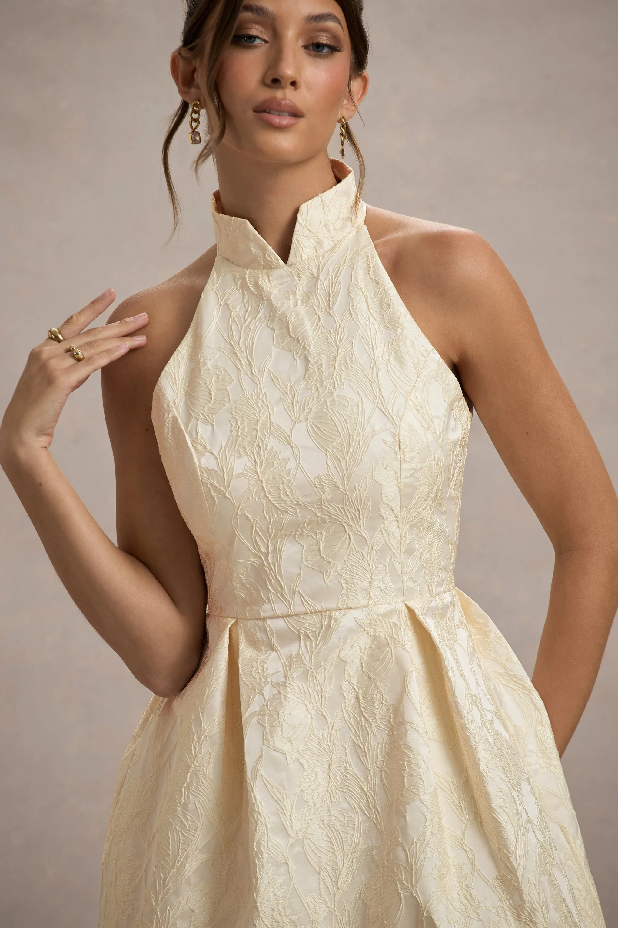 Costa | Ecru Jacquard High-Neck Mini Dress With Pleated Skirt Club L London