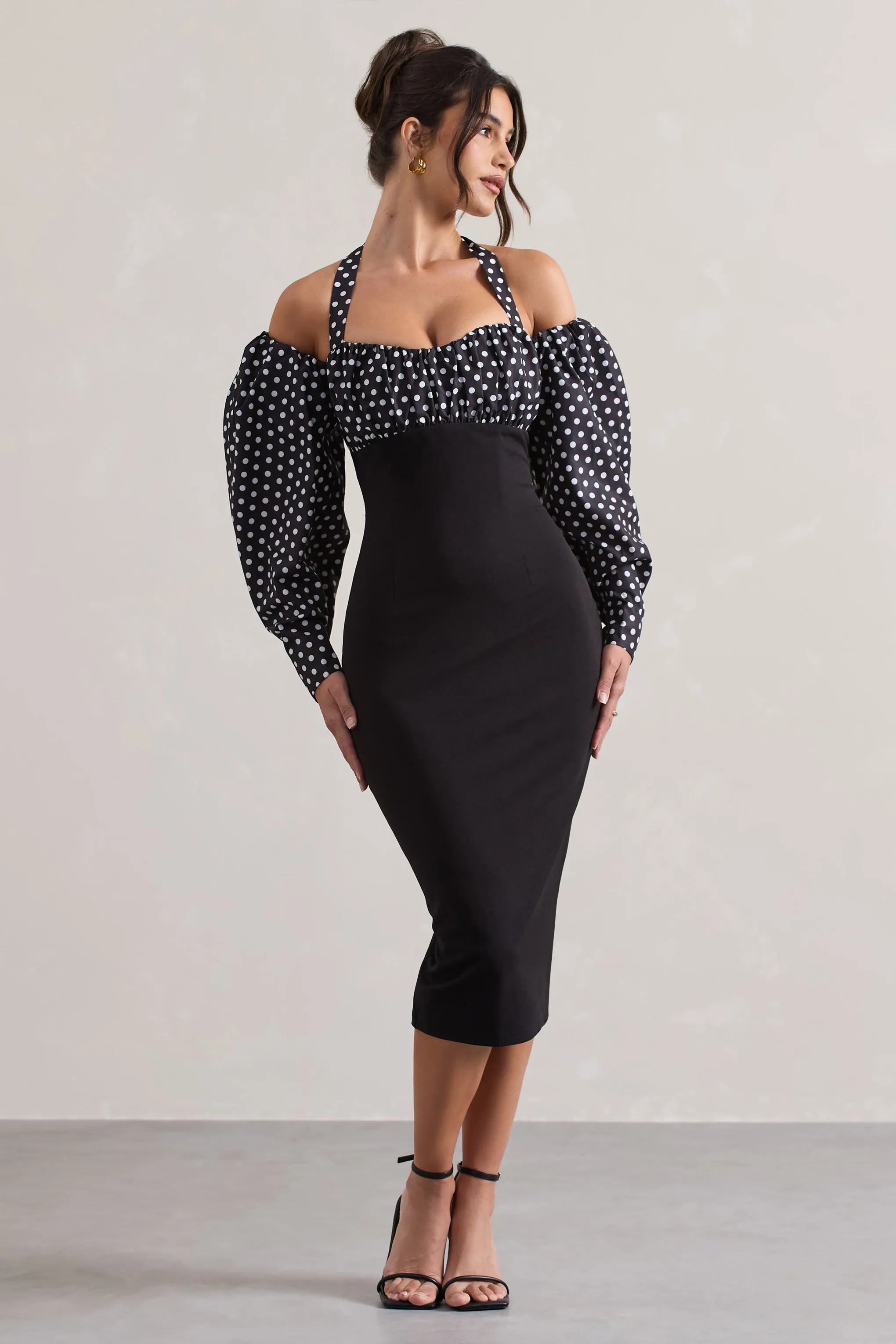 Couture Client | Black & White Polka Dot Halter-Neck Puff Sleeve Midi Dress Club L London