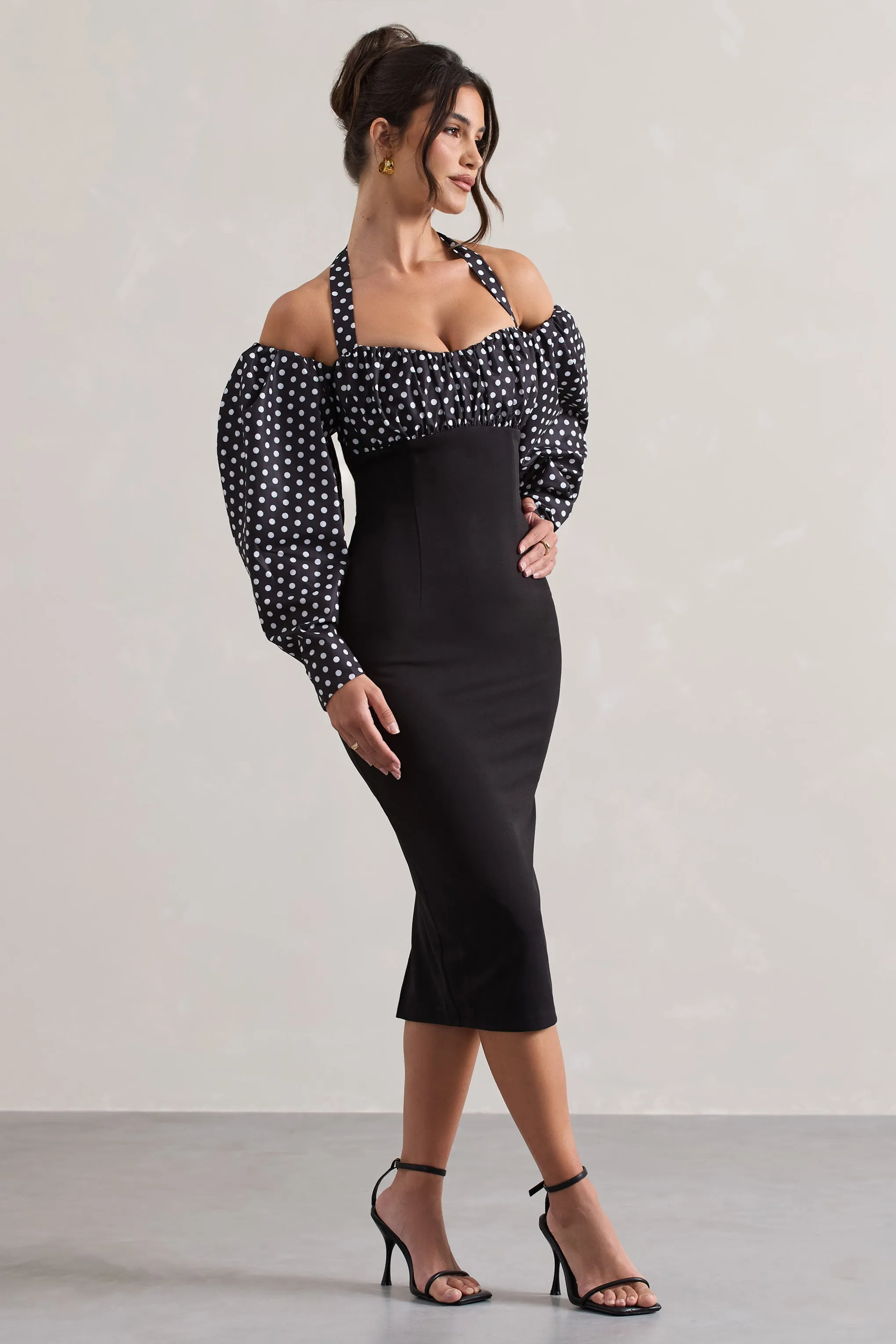 Couture Client | Black & White Polka Dot Halter-Neck Puff Sleeve Midi Dress Club L London