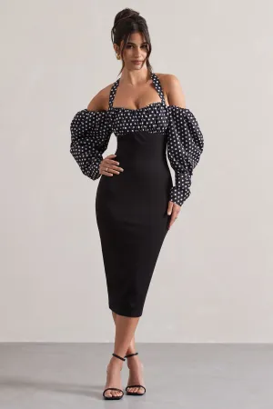 Couture Client | Black & White Polka Dot Halter-Neck Puff Sleeve Midi Dress Club L London