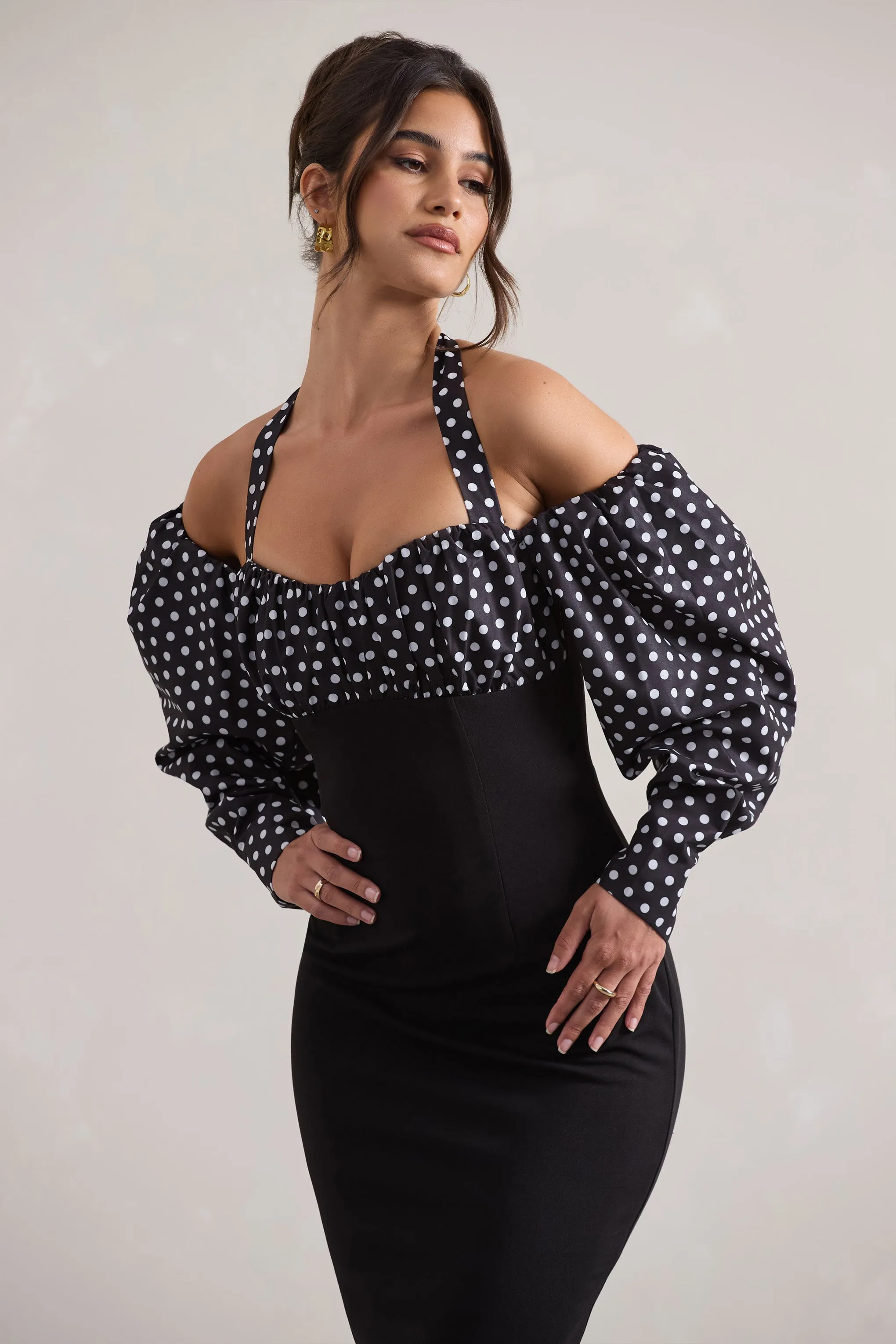 Couture Client | Black & White Polka Dot Halter-Neck Puff Sleeve Midi Dress Club L London