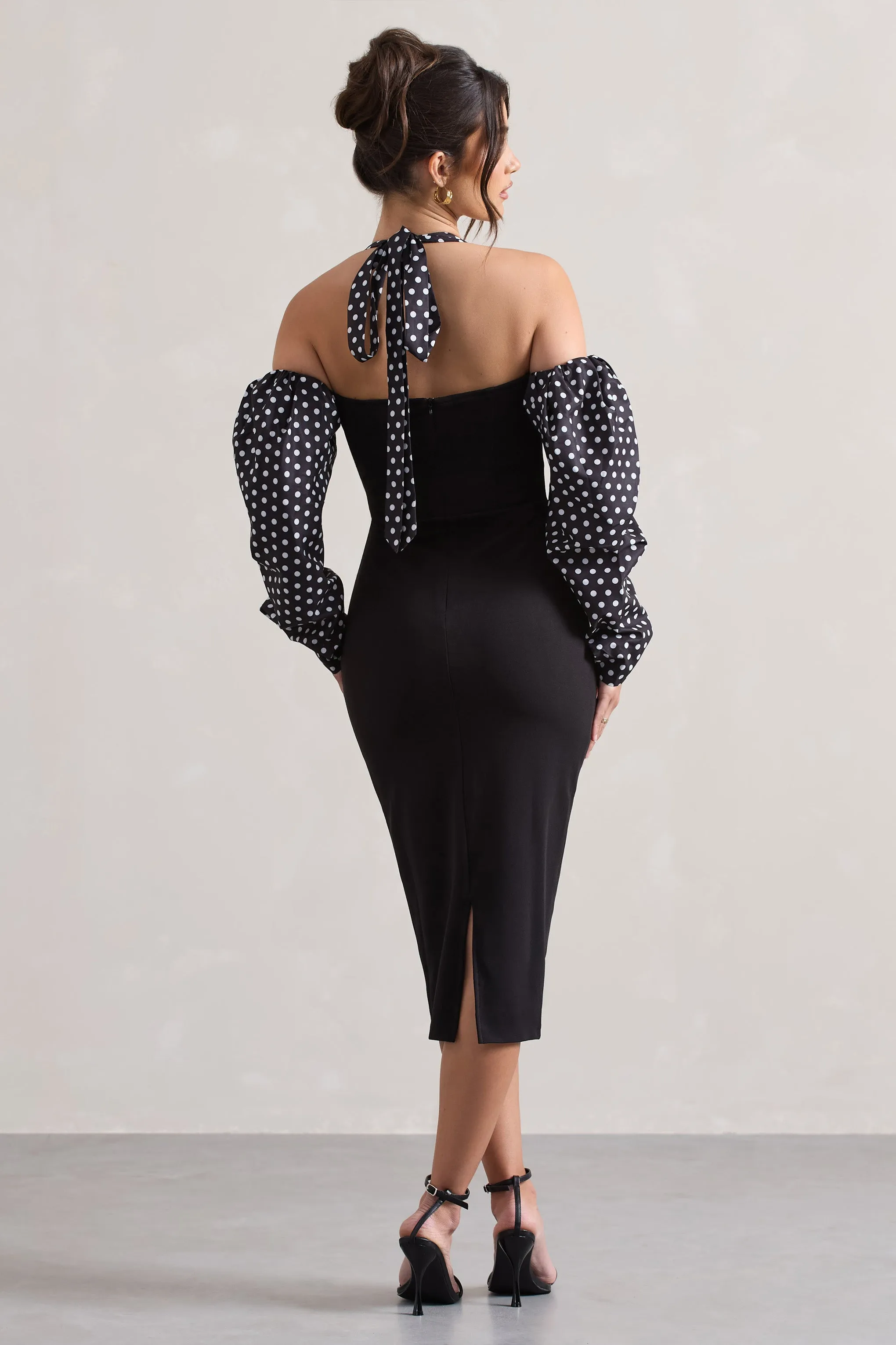 Couture Client | Black & White Polka Dot Halter-Neck Puff Sleeve Midi Dress Club L London