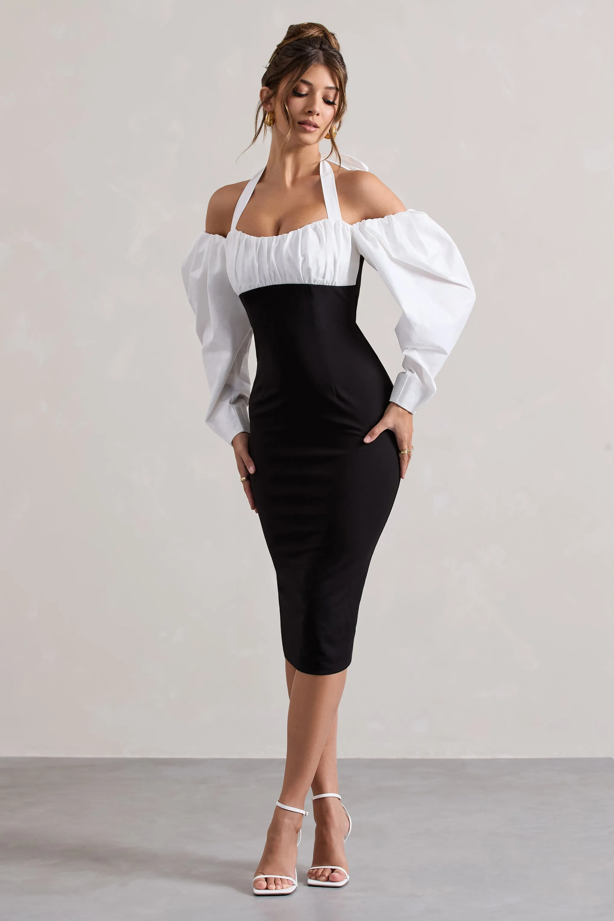 Couture Client | Black Halter-Neck Puff Sleeve Midi Dress Club L London