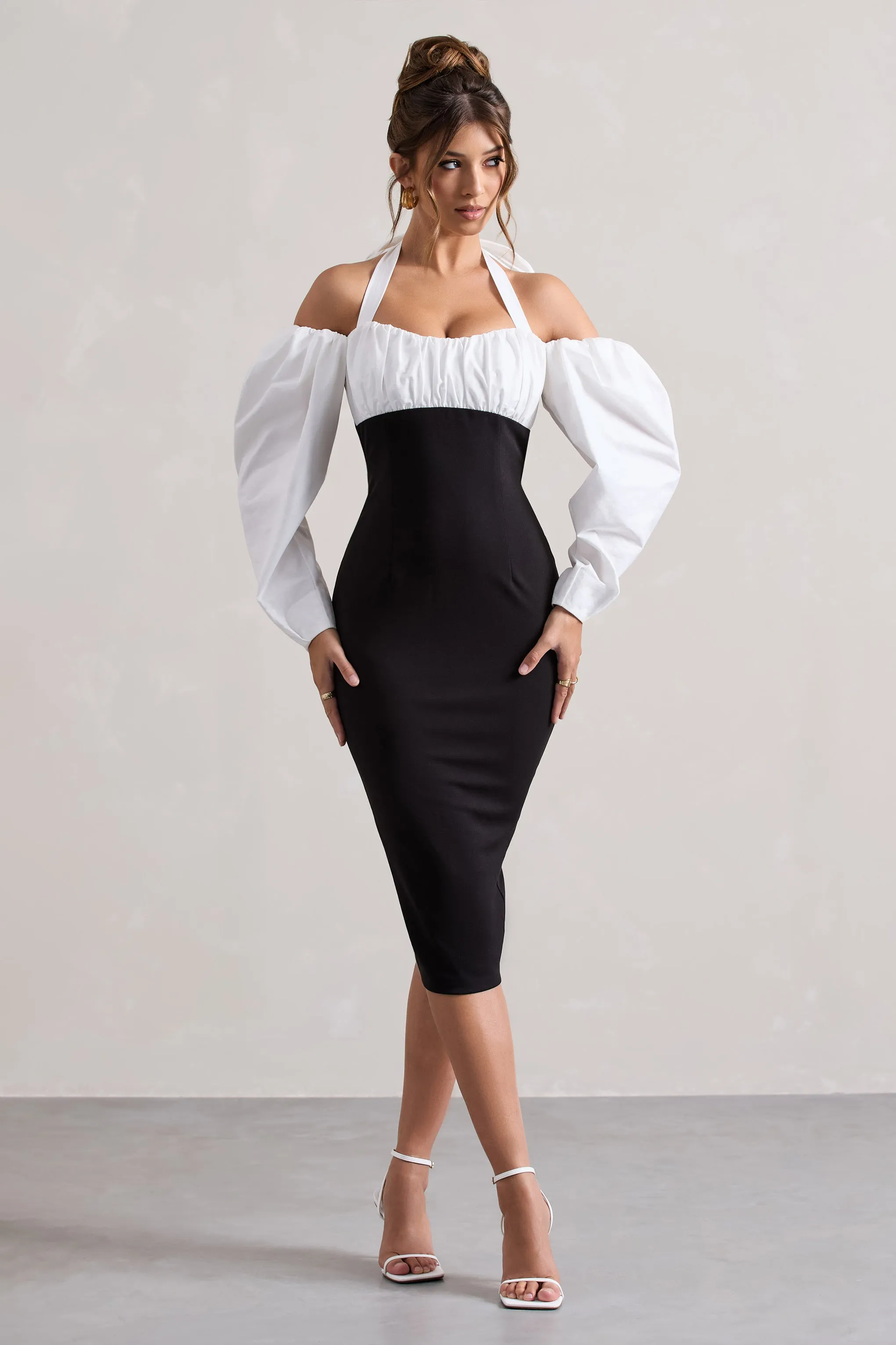 Couture Client | Black Halter-Neck Puff Sleeve Midi Dress Club L London