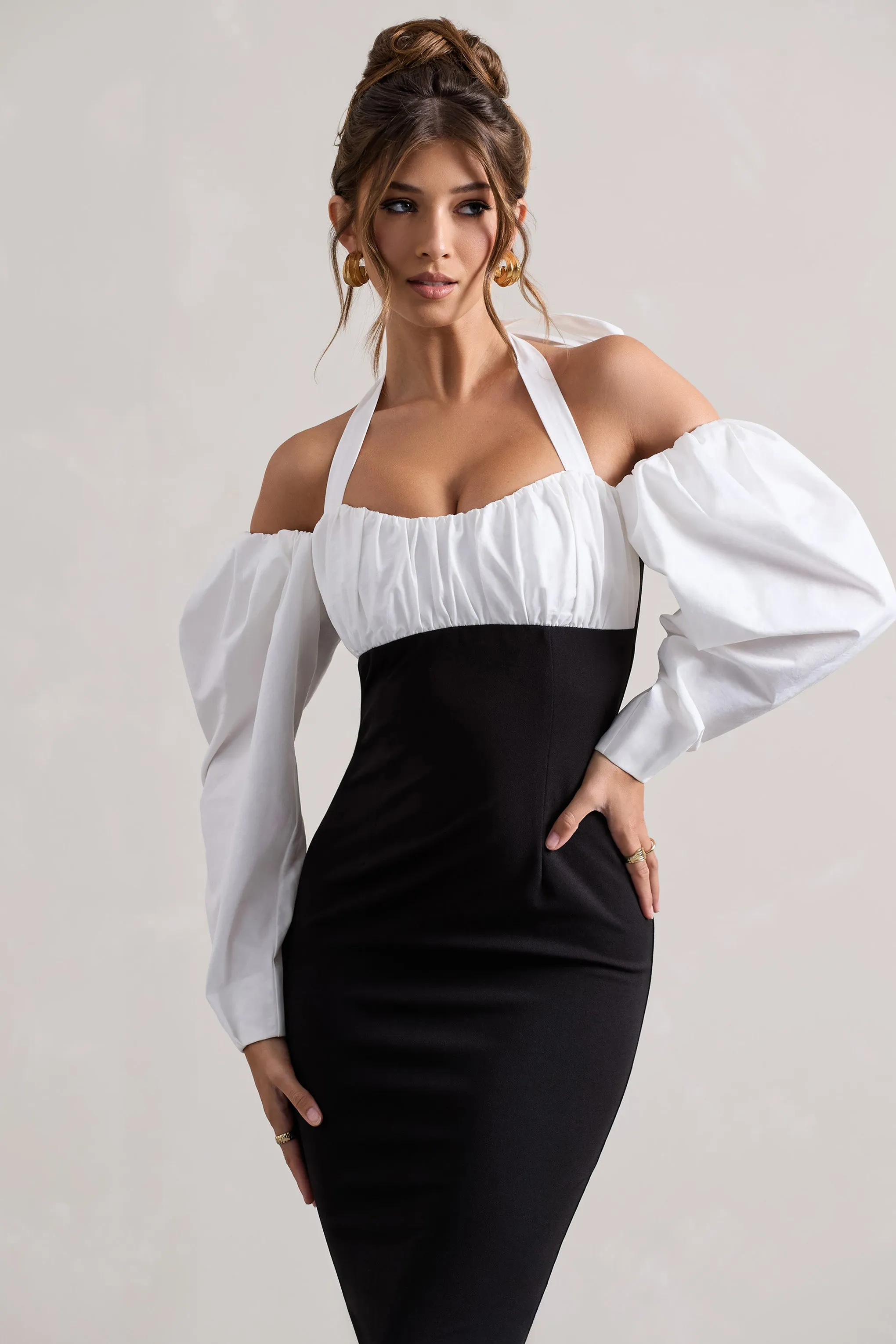Couture Client | Black Halter-Neck Puff Sleeve Midi Dress Club L London