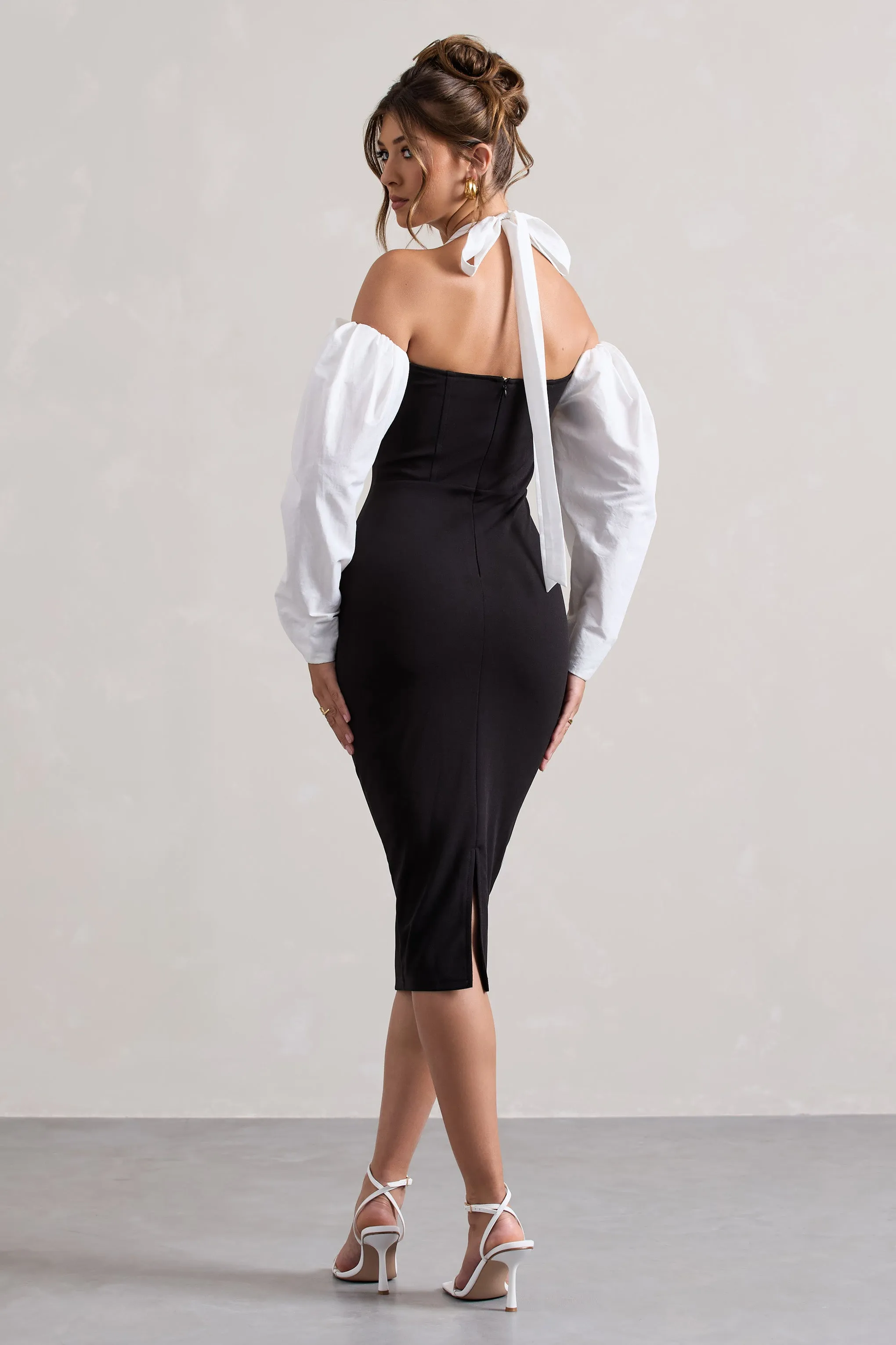 Couture Client | Black Halter-Neck Puff Sleeve Midi Dress Club L London
