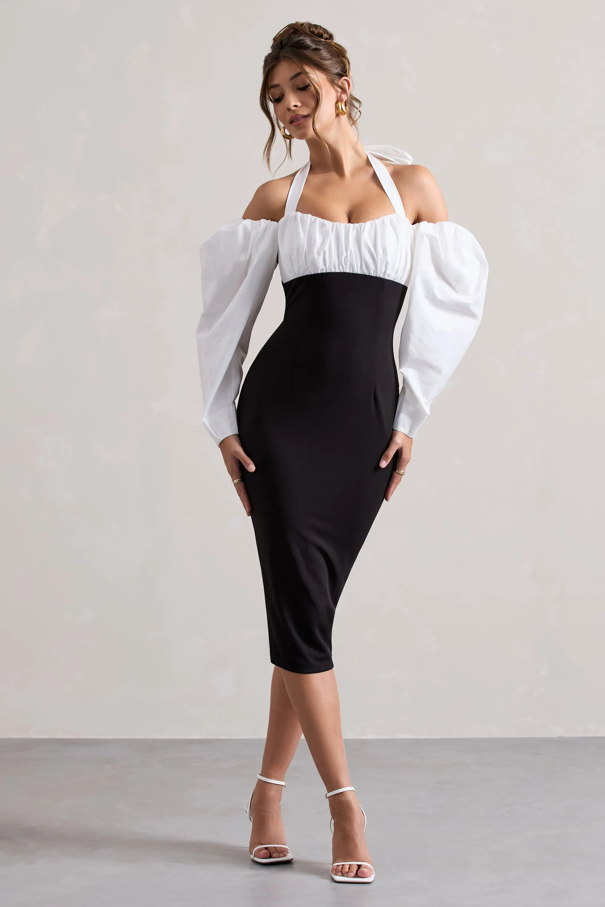 Couture Client | Black Halter-Neck Puff Sleeve Midi Dress Club L London