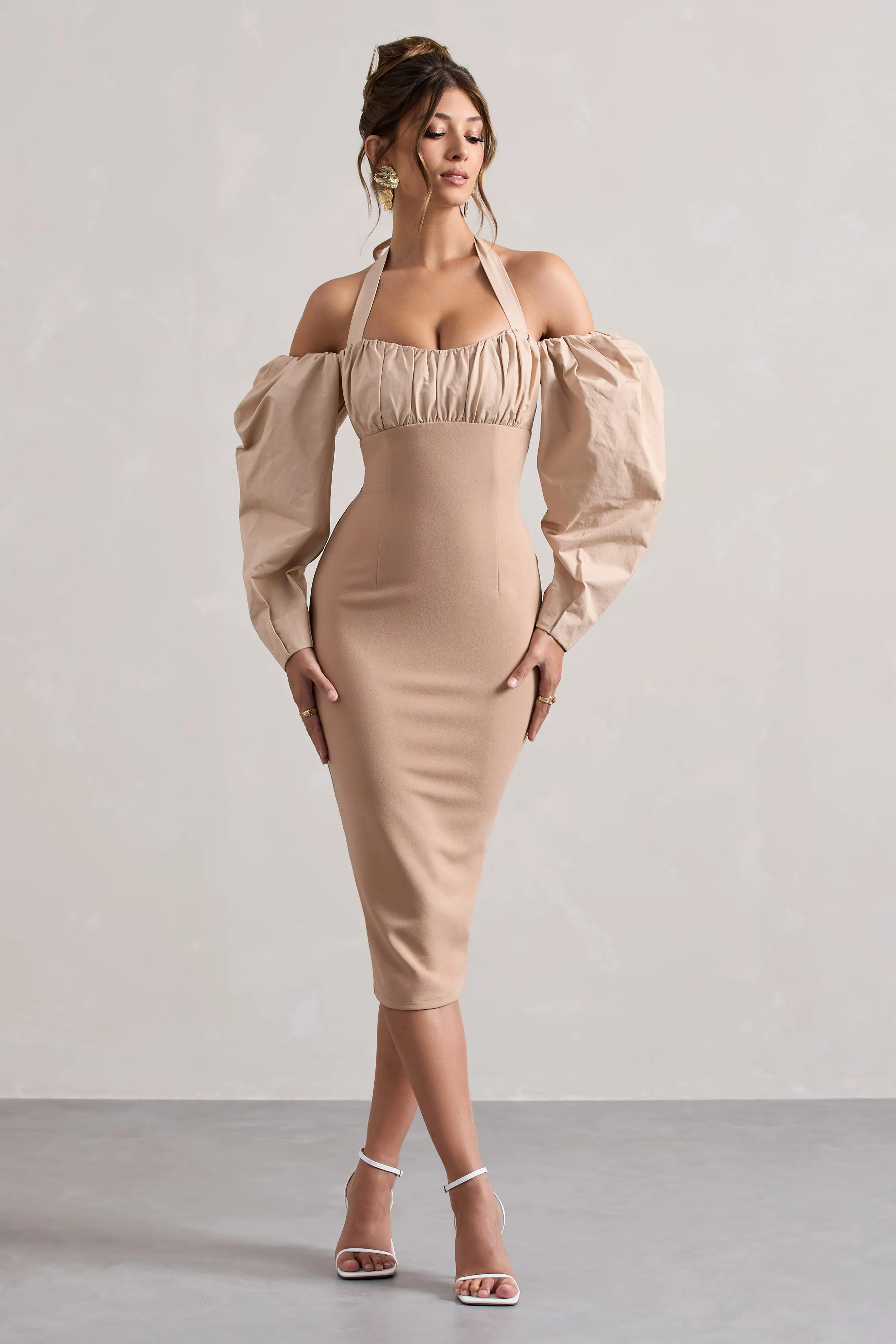 Couture Client | Champagne Halter-Neck Puff Sleeve Midi Dress Club L London