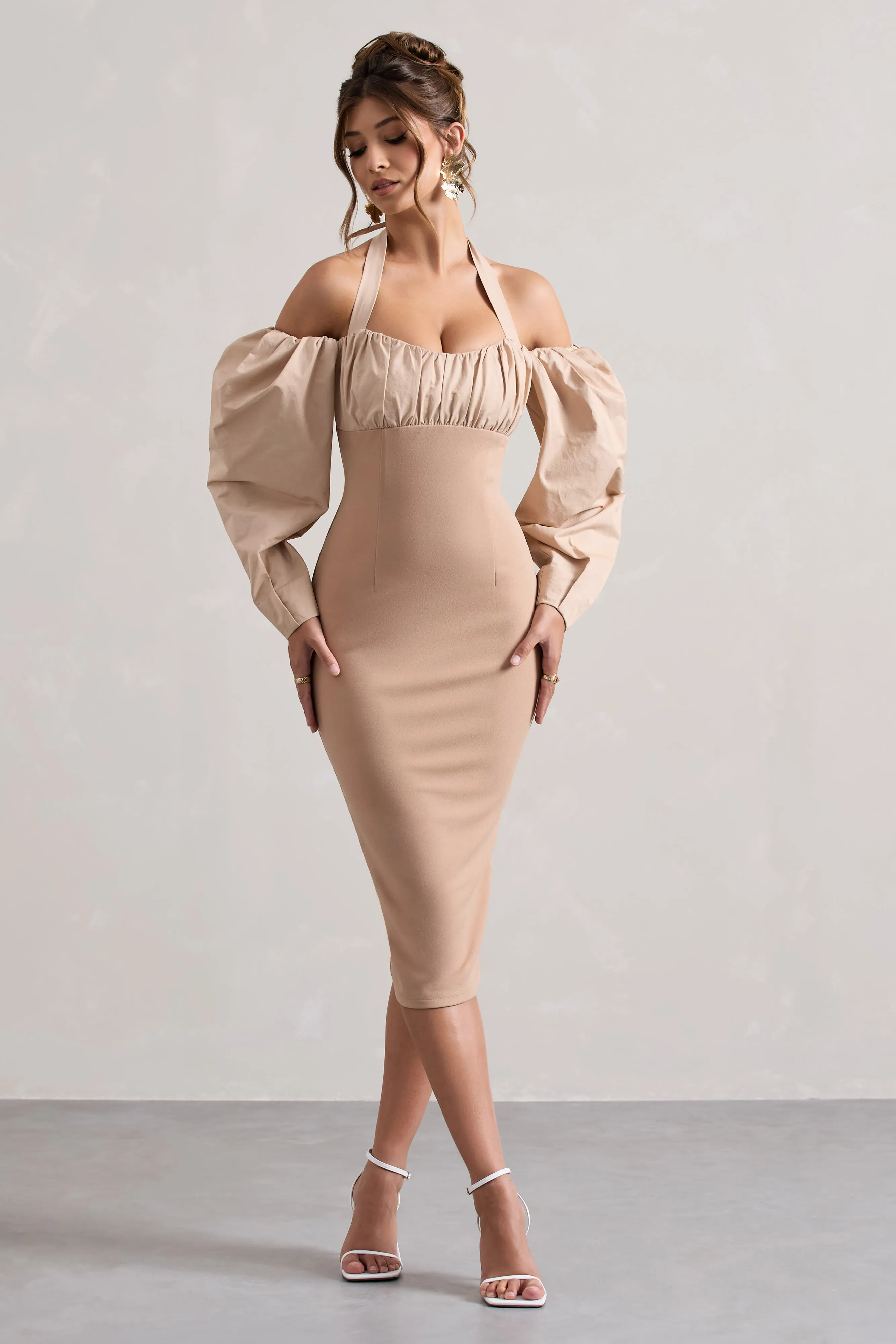Couture Client | Champagne Halter-Neck Puff Sleeve Midi Dress Club L London