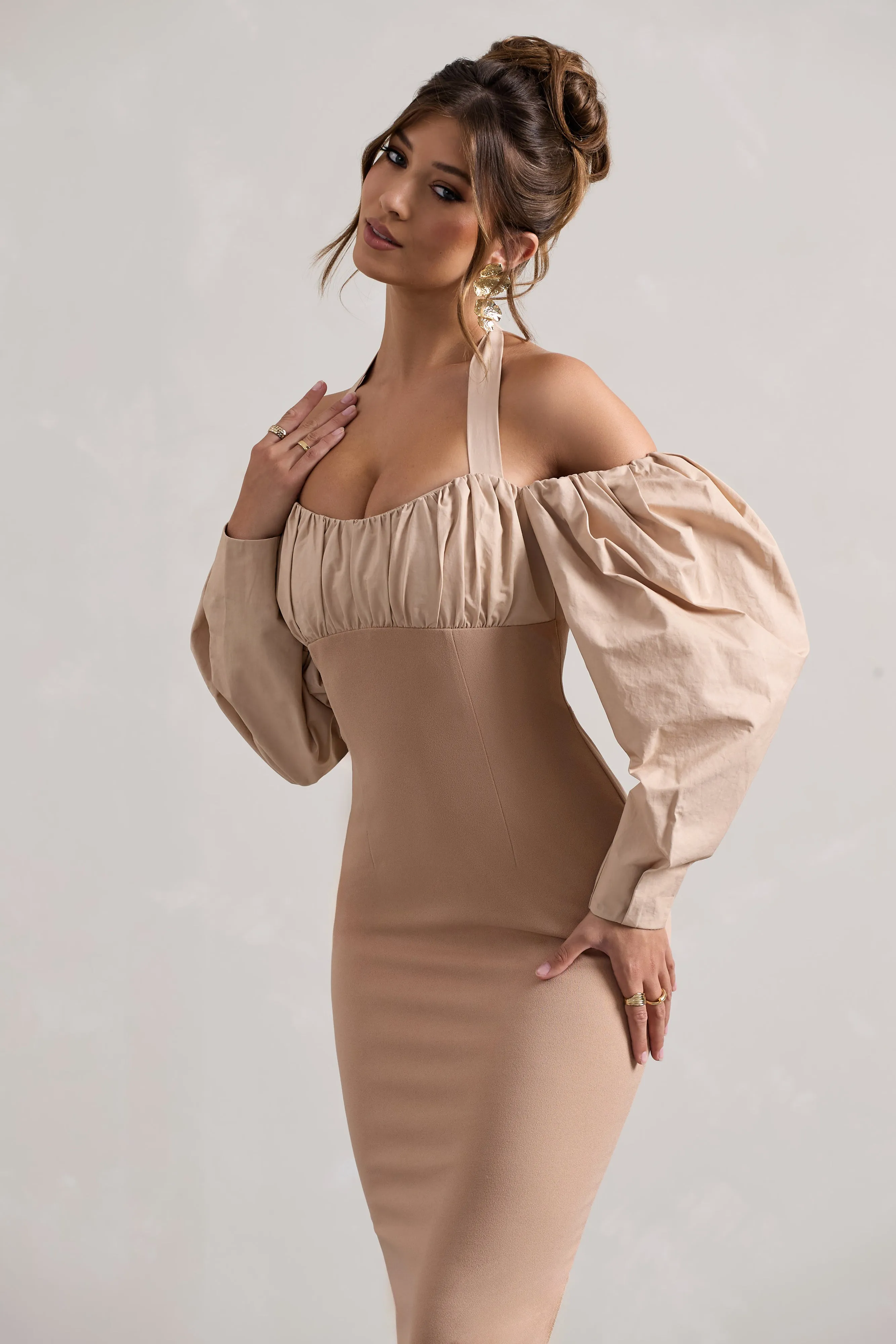 Couture Client | Champagne Halter-Neck Puff Sleeve Midi Dress Club L London
